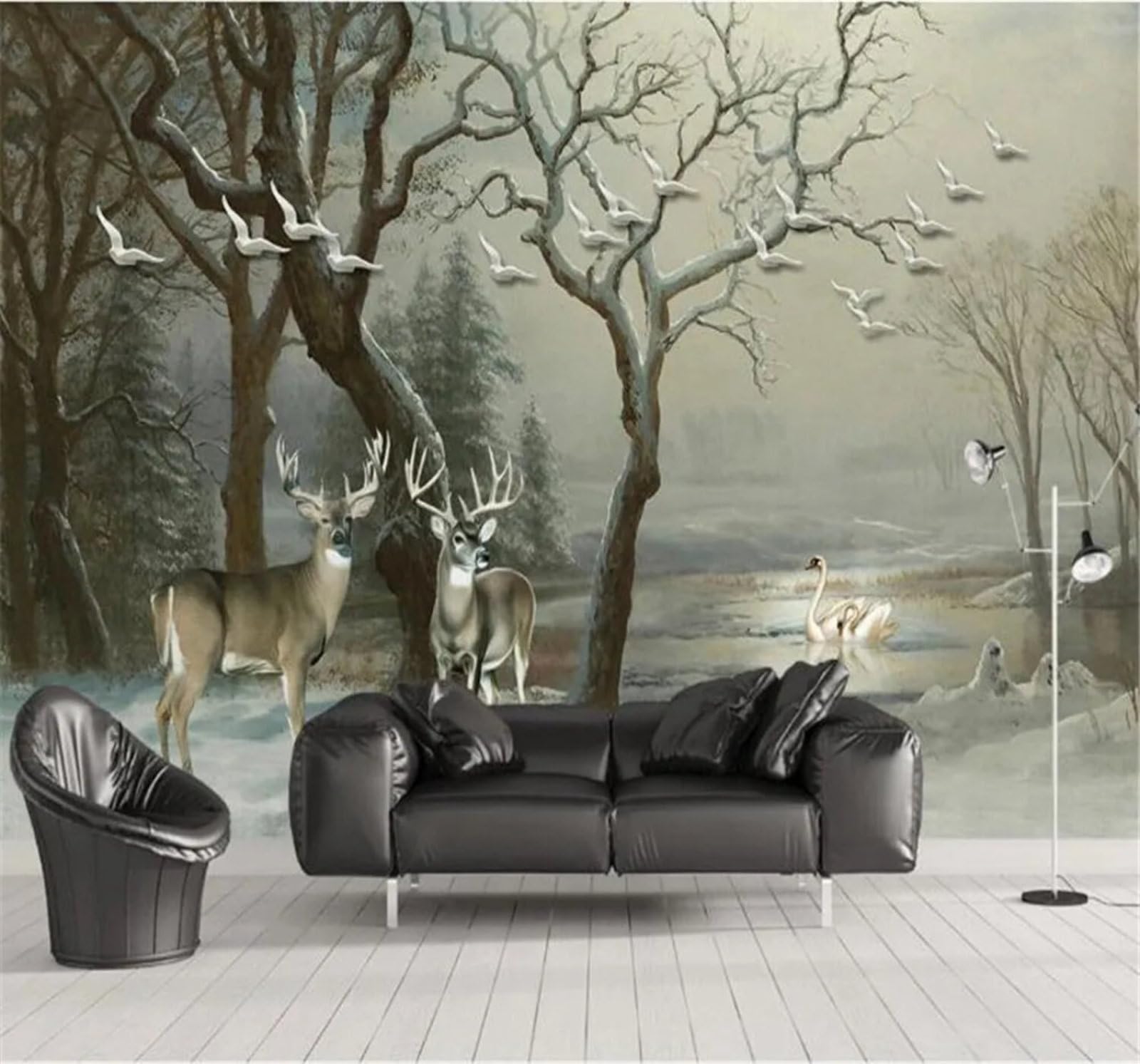 Xlming 430Cm×300Cm(B×H) Three Dimensional Forest Elk Swan Flying Bird 3D Wallpaper Premium Textured Silk Study Dining Living Room Bedroom Sofa Tv Wall Easy Install-430Cm×300Cm