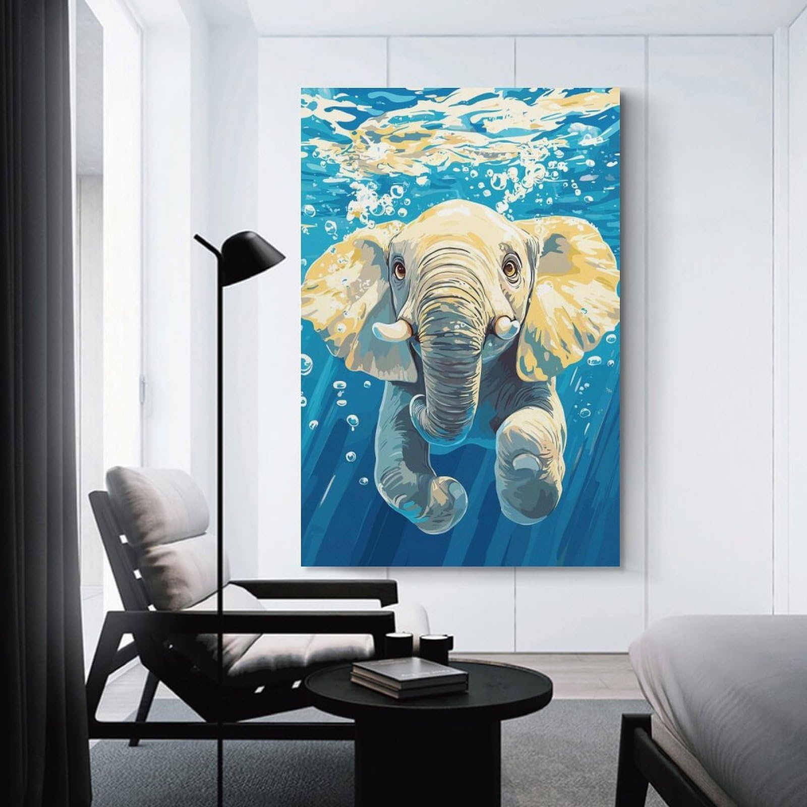 Junmoney Underwater Elephant Illustration Room Decor Wall Art, 24x36inch(60x90cm), for Home Office, Desk Area Or Studio, An Interior Accent for Desk Areas