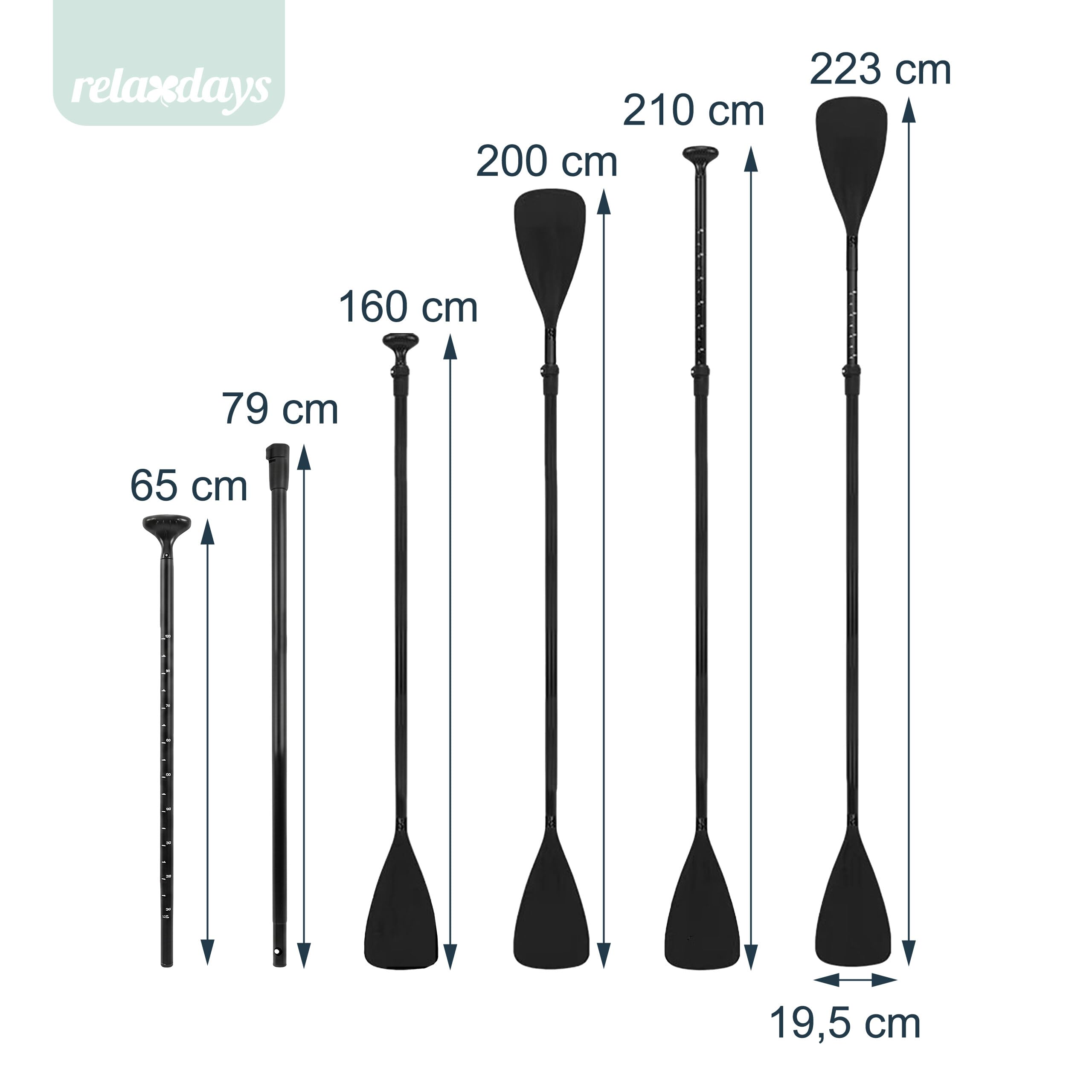 Relaxdays SUP Paddel 2 in 1, Kajakpaddel verstellbar, Doppelpaddel, unsinkbar, 4-teilig, Stechpaddel, Alu, schwarz