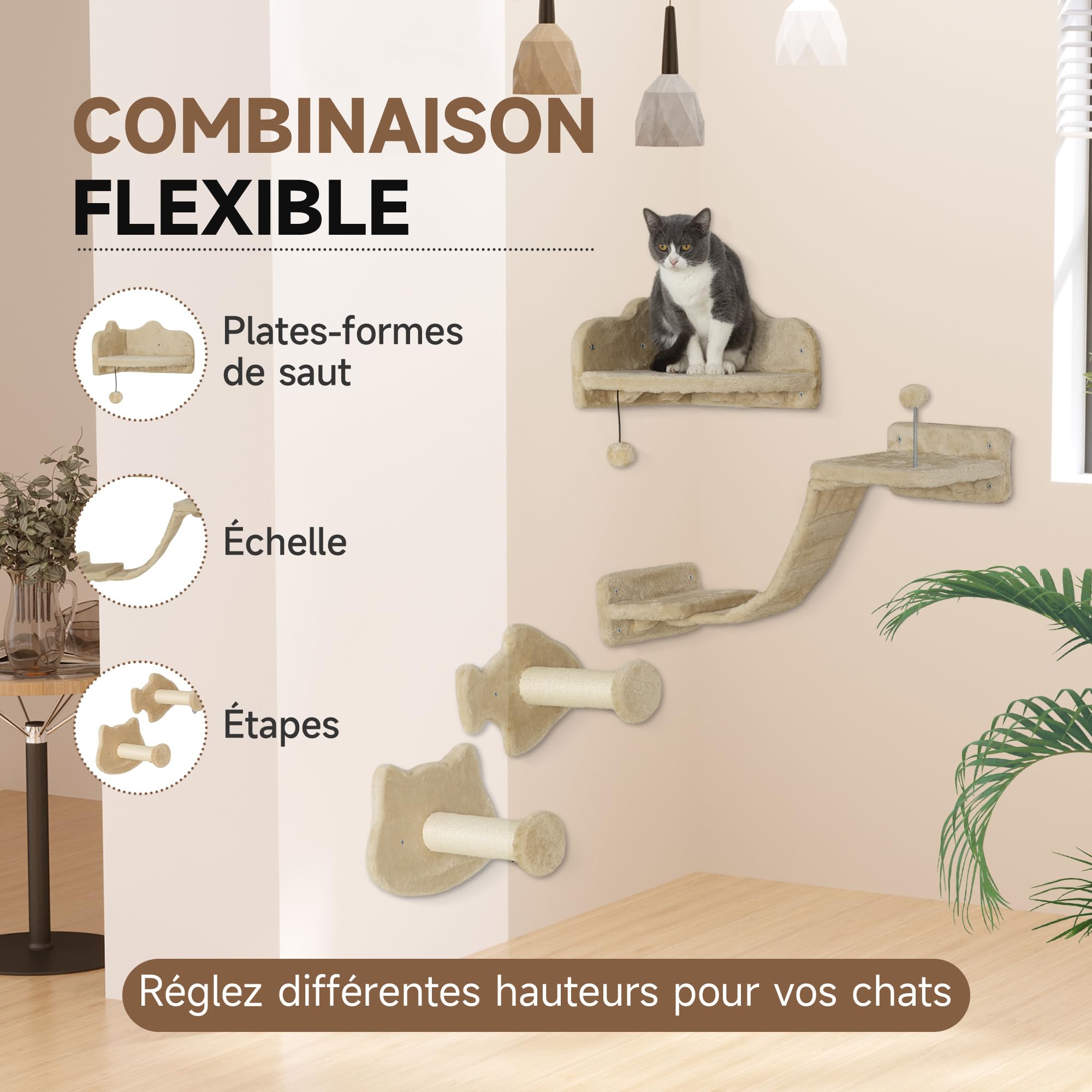 PawHut Étagères murales pour Chat, Ensemble de Meubles muraux, Arbre Parcours Mural Complet 4 pièces avec marches, échelle, Plates-Formes de Saut, griffoirs, Boule de Jouet, Gris