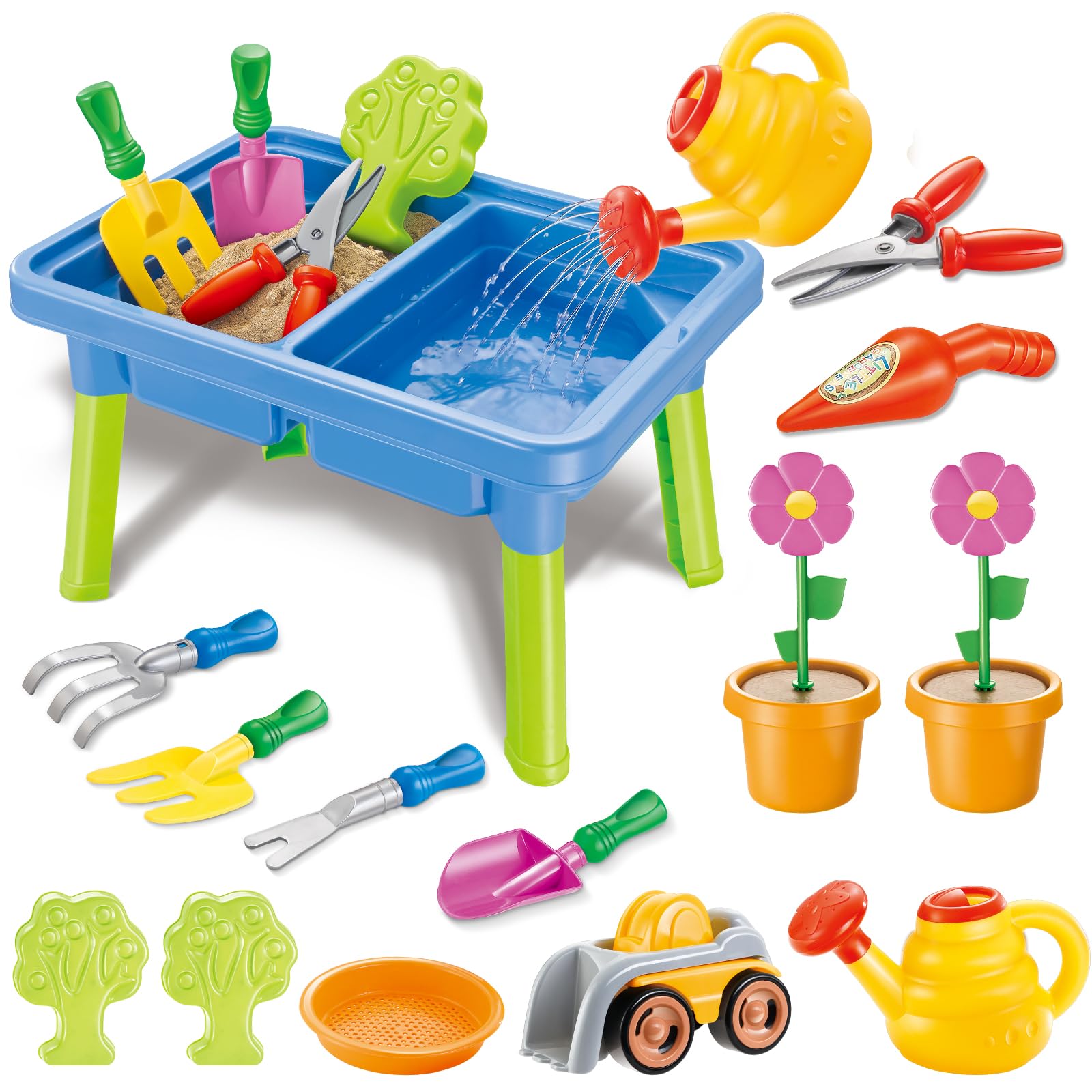 deAO Sand and Water Table Sand Pit with Garden Tools, Flower Planting Set, Fun Beach Toy for Creative Play Summer Outdoor Beach Garden Toy Gifts for Kids (Ages 3-8)