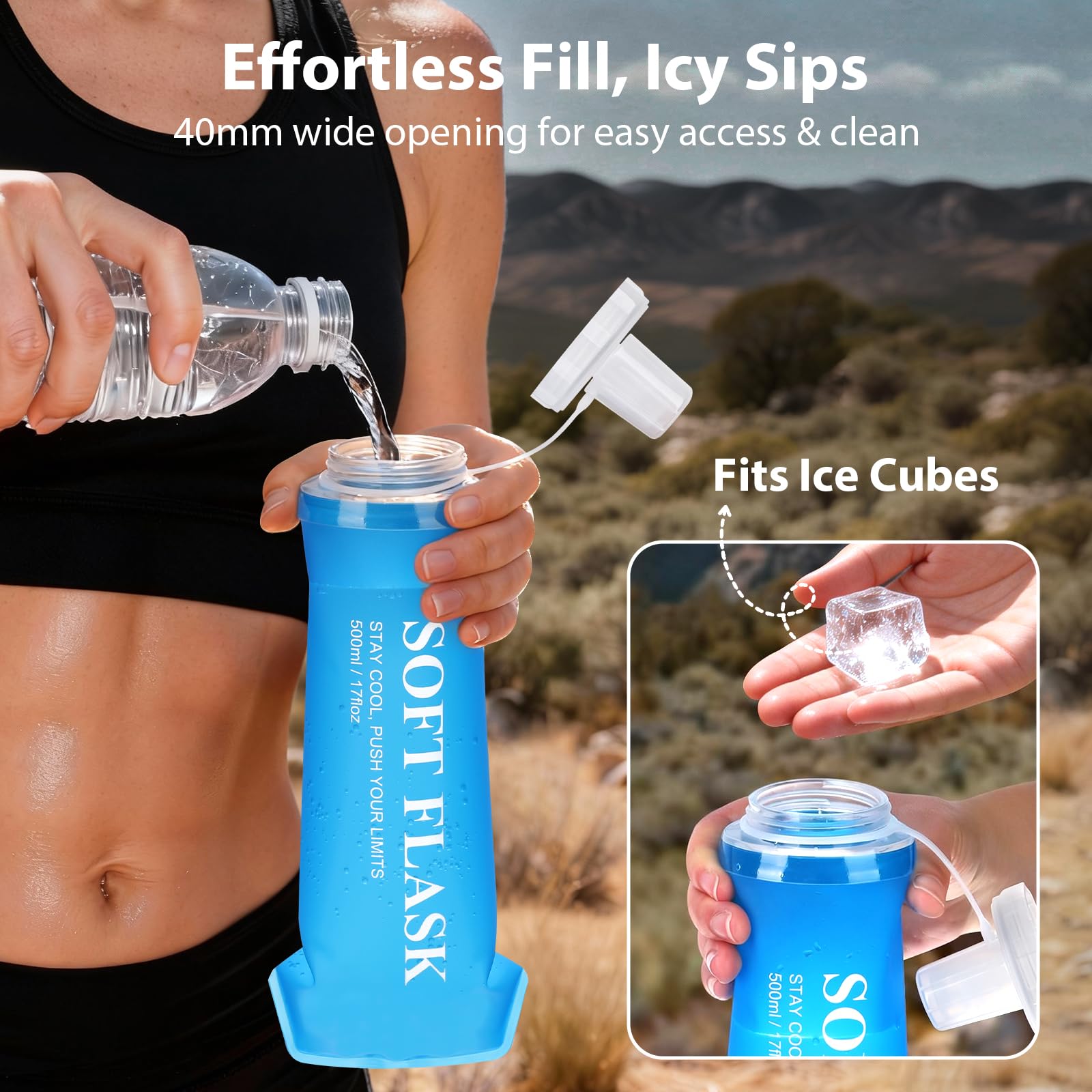 Euqvunn Borraccia Pieghevole 2 Pezzi, Borraccia Morbida 500 ml Riutilizzabile 500ml Senza BPA con Cappuccio Antileak, Pieghevole per Corsa, Escursioni, Ciclismo