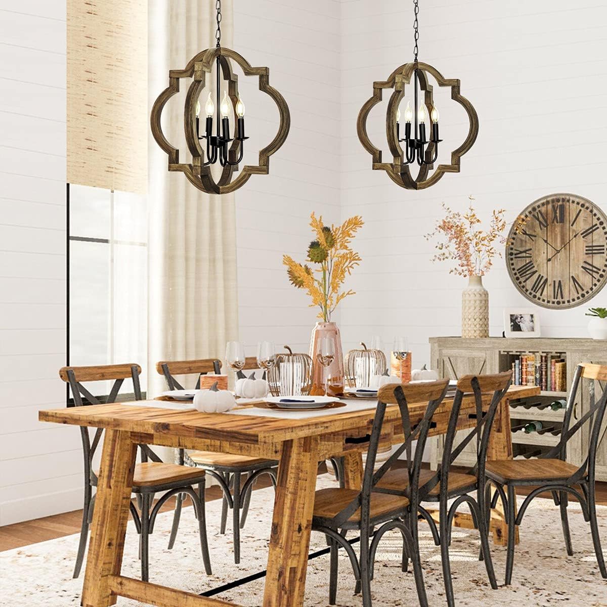 21.7" Farmhouse orb Chandelier, 4-Light Adjustable Height Handmade Rustic Wood Light Fixture for Foyer, Dining&Living Room, Kitchen Island, Entryway, Breakfast Area(Colour: Black) : Everything Else