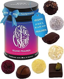 Hallingers Genuss Manufaktur Vegane Pralinen Ostergeschenk – mit & ohne Alkohol, handgemacht & zart schmelzender Edelkakao in edler Geschenkdose "Frohe Ostern", Geschenkidee für Osterkörbchen zu Oster
