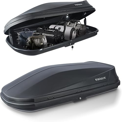 Caja de carga para techo de color negro carbón, grande de 14 pies cúbicos, almacenamiento de equipaje de viaje, apertura lateral doble, caja de