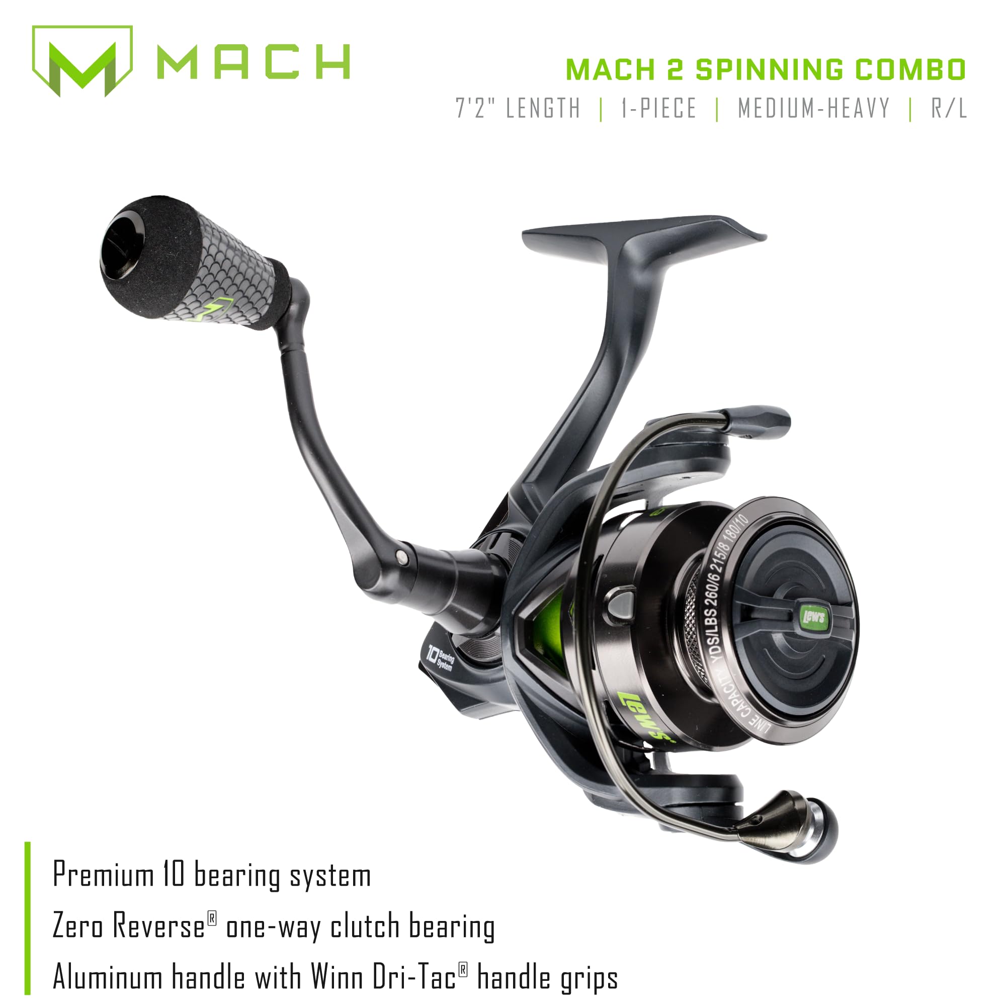 Lew's MACH 2 Spinning Reel and Fishing Rod Combo, IM8 Graphite Blank Fishing Rod, Right or Left-Hand Retrieve, Winn Dri-Tac Ultra Handle, Black/Green