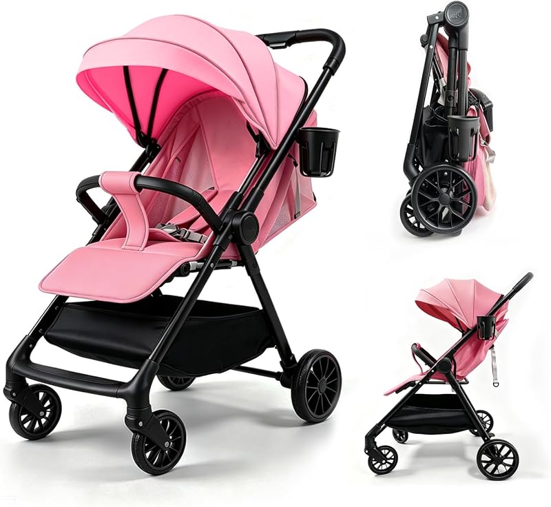 Ultra-Lightweight Stroller at Only 5.4kg, Foldable Compact Pushchair with Lie-Flat Position, Travel Pram from Birth to 15kg, Baby Buggy with Adjustable Backrest, Footrest, Canopy (A8 Pink)