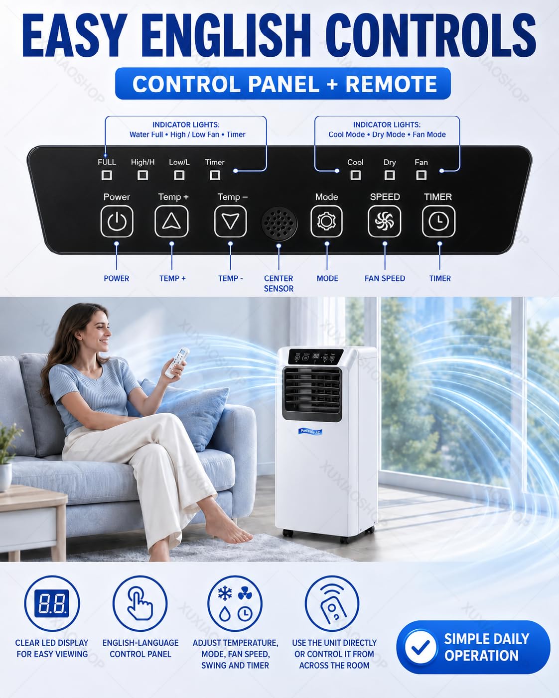 Condizionatore Portatile 3-in-1 con Pannello Touch e 2 Velocità 9000BTU | Raffredda fino a 20/24m² con Telecomando, Timer 24H, Funzionamento Silenzioso, 2 Velocità e Kit di Installazione per Finestre