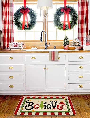 Miniatura 4 de Tapete de puerta de Navidad para exteriores, tapete de bienvenida con texto en inglés "Believe Christmas", tapete de bienvenida para puerta