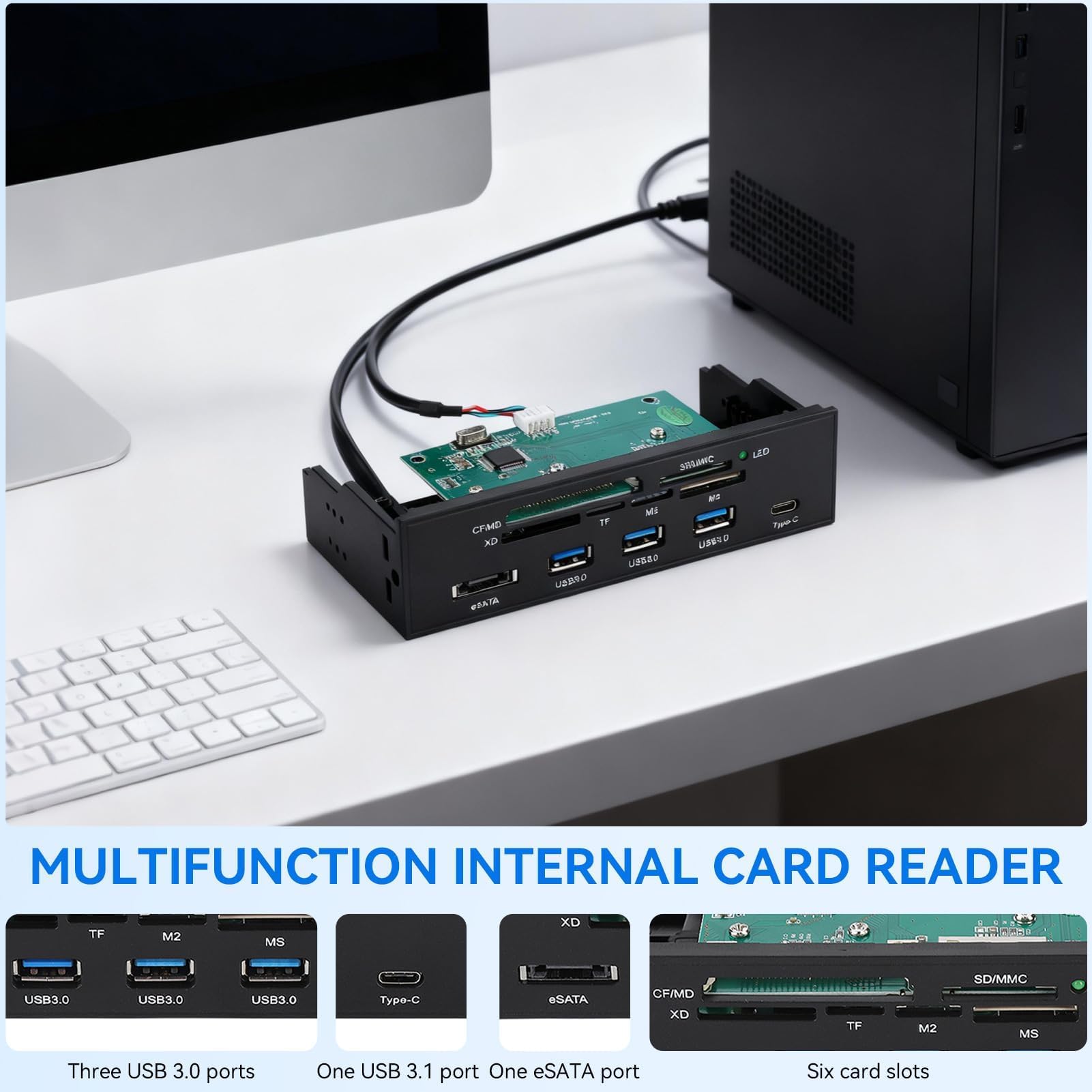 Lecteur De Carte Interne, 5,25 Pouces USB 3.0 Interface PC Panneau Avant Lecteur De Carte Interne Hub Lecteur De Carte Tout-en-Un M2 SD MS XD CF Carte TF pour Boîtier D'ordinateur Baie Avant