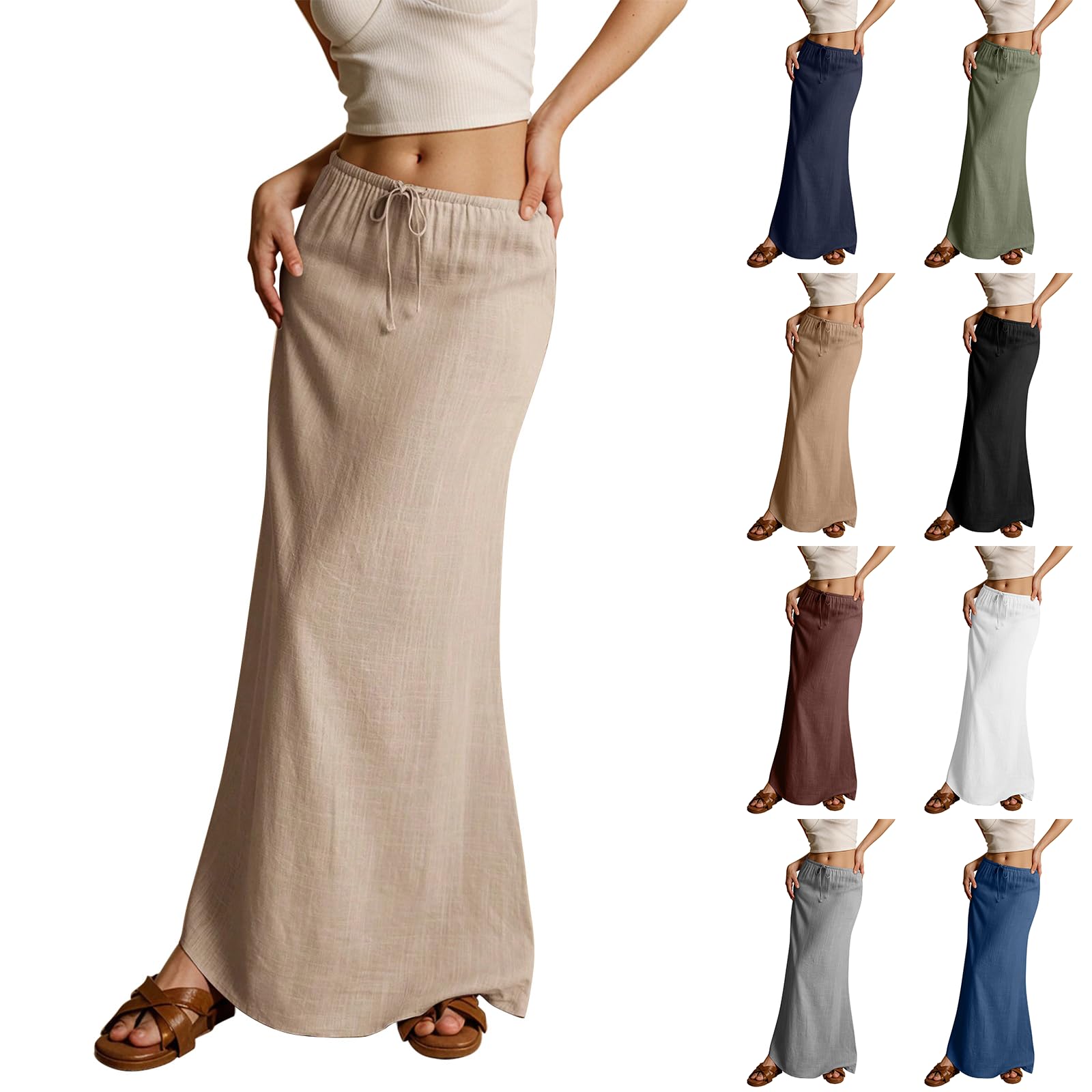 midelxp Linen Maxi Skirts for Women Trendy Summer Comfy Drawstring Waist A Line Skirts Cute Vacation Boho Long Flowy Skirts