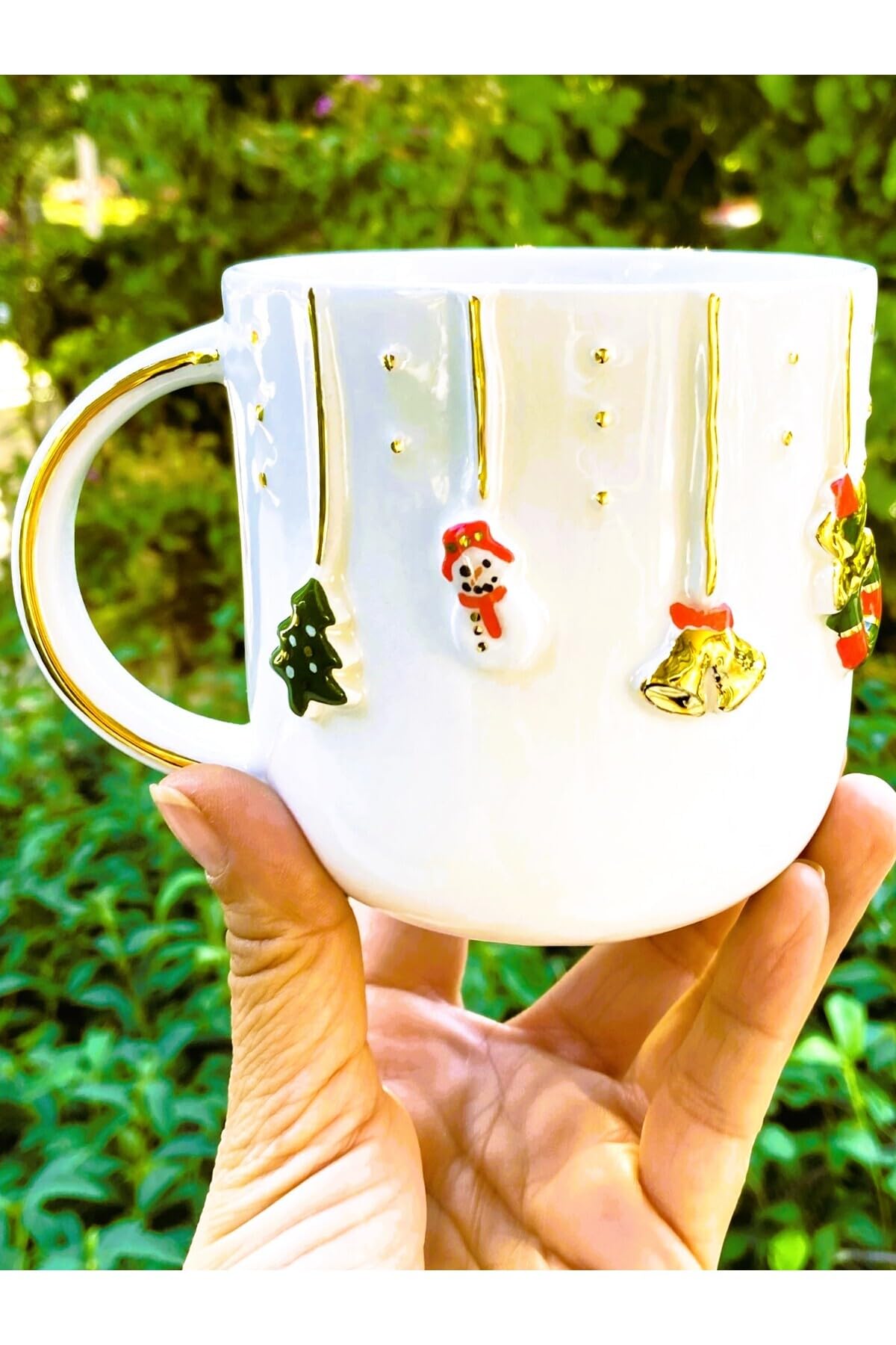 CW Celine's Wonders Premium Kalite 24 Ayar Altın Detaylı El Yapımı Christmas Mug 450 Ml Gold Handmade