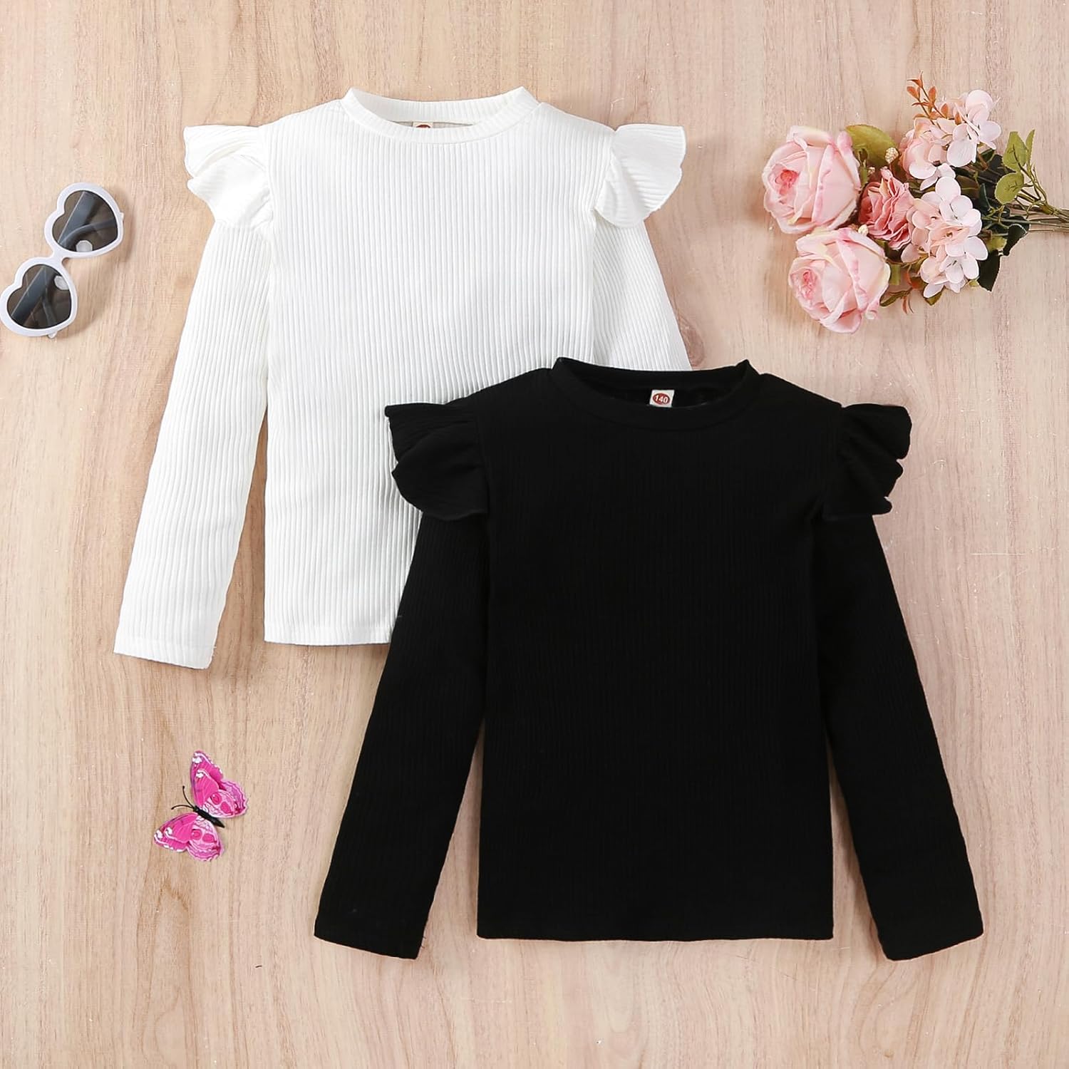 Toddler Girl Shirts Ruffled Long Sleeve Baby Tee Tops, Ribbed Toddler Girl Blouse, Fall Baby Girl Clothes 2-Pack 12M-7Y - Image 8