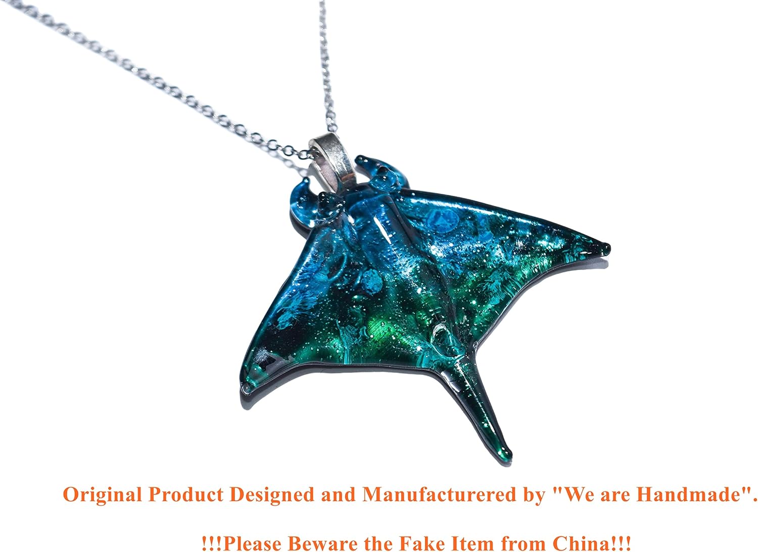 Handmade Blown Glass Ocean Blue Manta Ray Stingray Unique Pendant Necklace, Sea Animal Figurine, Cute Jewelry, Gift Ideas for Women and Men - Image 3