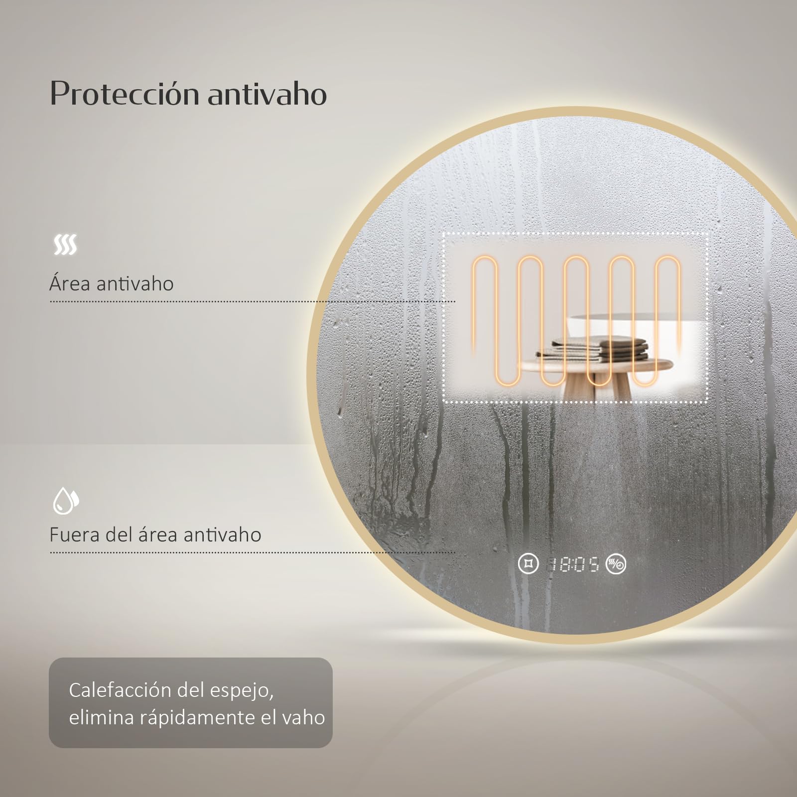 EMKE Espejo de Baño Redondo 60 cm,Marco Dorado Cepillado, Antivaho, Reloj, Temperatura, Espejo baño con luz 4300K, Apagado Automático 3 h, Memoria, IP65,Espejo LED baño