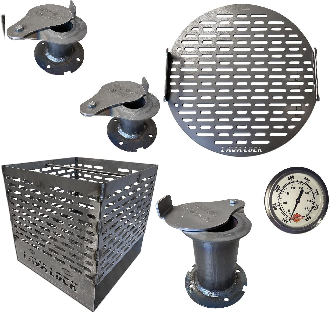 Ugly Drum Smoker Parts Kit, Build Your own UDS, Heavy Duty Expanded Basket w/ Stainless Grate, Two flanged inlets, 2" Exhaust, LavaLockⓇ TH258 Thermometer