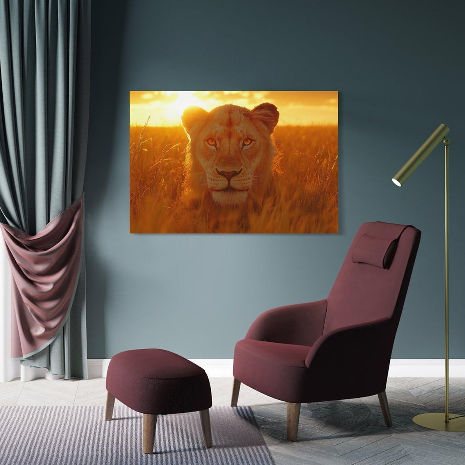 Junmoney Frame-Style-20 Lion In Golden Light Decorative Wall Artwork 08X12inch(20X30cm), For Living Room, Bedroom, Office Or Hallway, Decorative Artwork With Broad Appeal