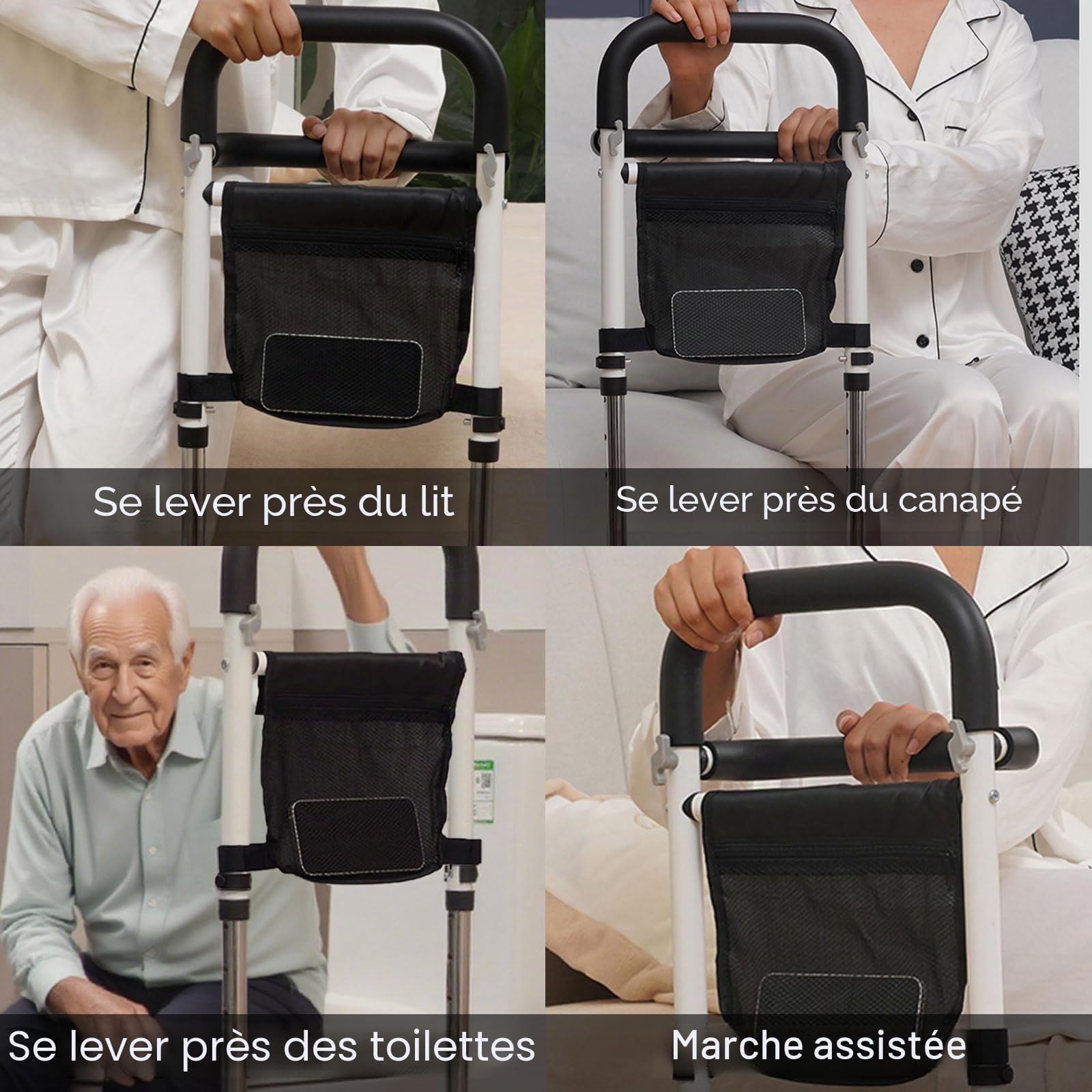 Barriere de Lit Adulte,Potence de Lit avec Potence 5 Niveaux Réglable(72 à 87cm),Aide à la Station Debout pour Personne âgée avec accoudoirs latéraux,Aide à la mobilité et au Quotidien,Capacité 150kg