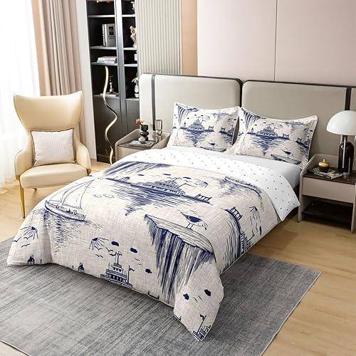 Miniatura 2 de Juego de ropa de cama vintage náutica del océano 100% algodón natural, tamaño individual, funda de edredón con 1 funda de almohada, estilo boceto