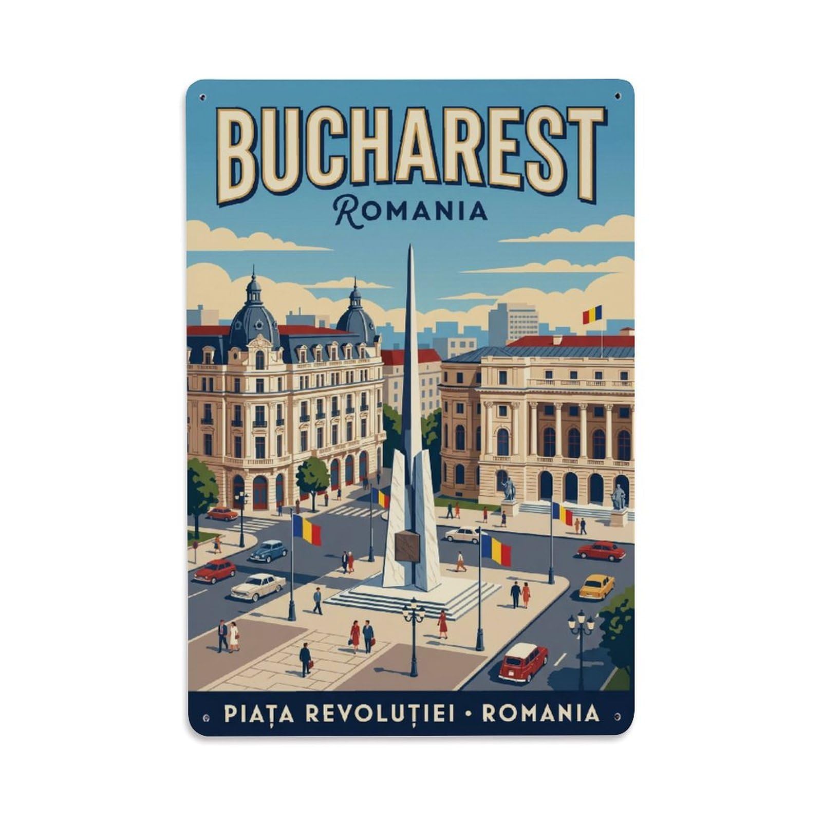 Vintage Travel Bucharest Revolution Square Clean Romania Metal Tin Sign Plaque Wall Decor for Cafe, Club Bar, Office, Home Garden Metal Poster 8x12Inch
