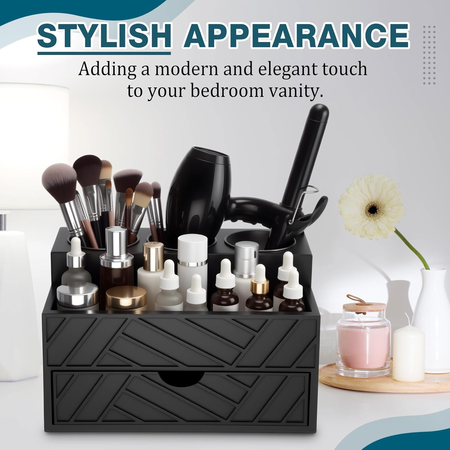 Black Hair Tool Organizer with Drawer, Hair Brush Storage for Bathroom and Vanity Countertop, Fits Blow Dryer, Curling Iron, Makeup Brushes, Skincare, Hot Tools Organizer for a Tidy Counter