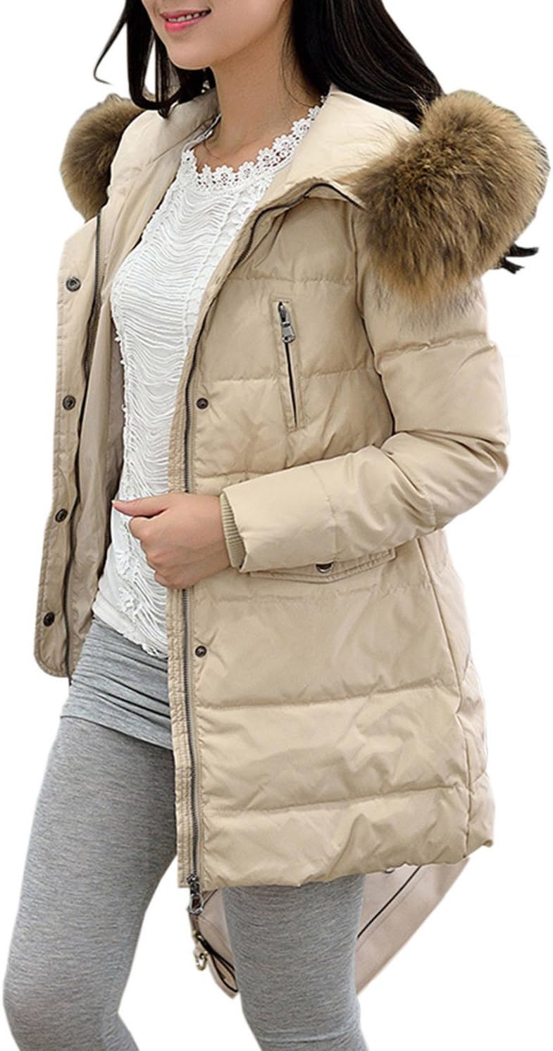 FORAR Women's Luxury Large Racoon Fur Collar Thicken Quilt Down Jacket Beige M