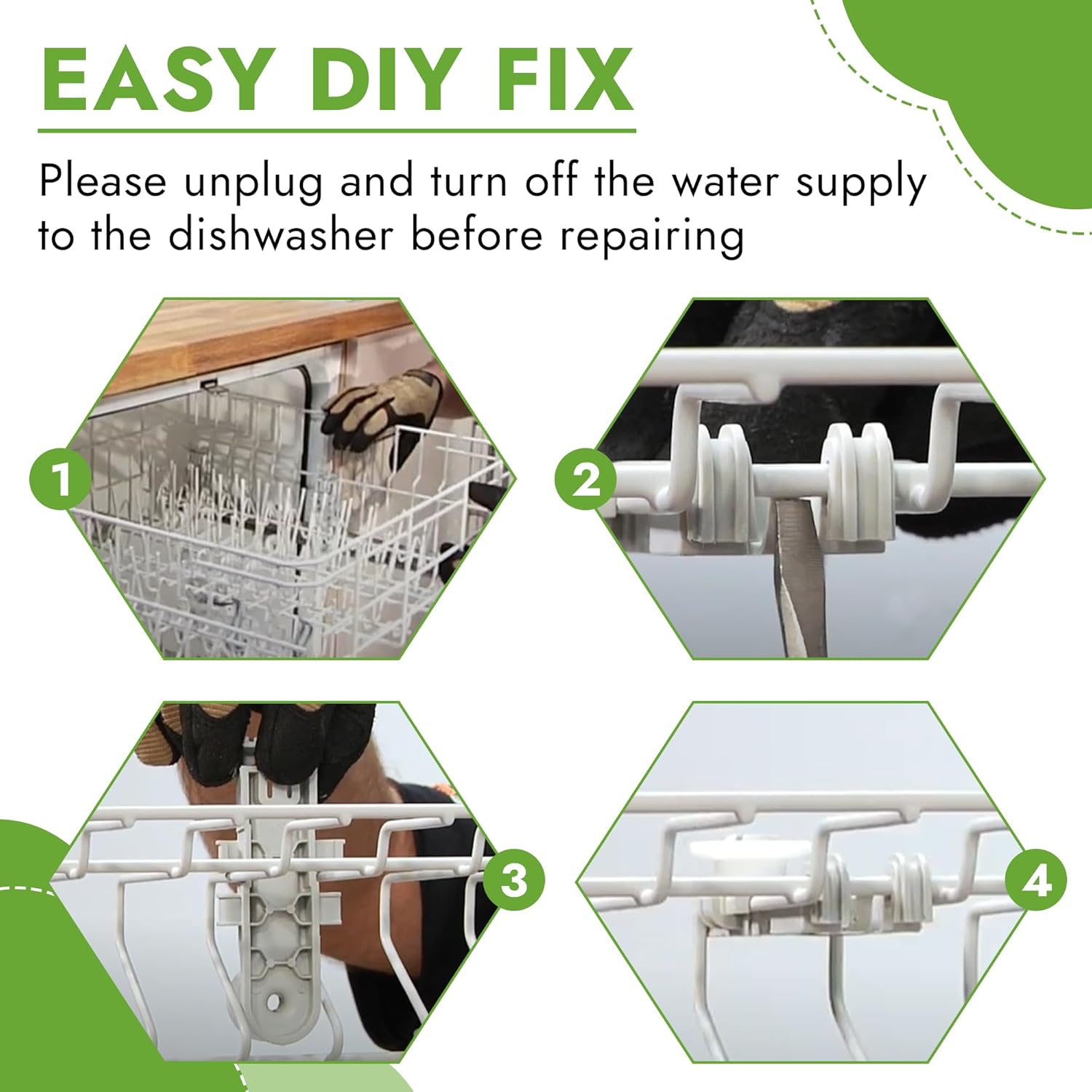 Four-step visual guide for installing the dishwasher upper rack wheel.