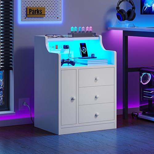 Miniatura 7 de Mesita de noche con estación de carga, mesitas de noche blancas con gabinete y luces LED, mesita de noche con 3 cajones, 2 tomas de corriente, 2