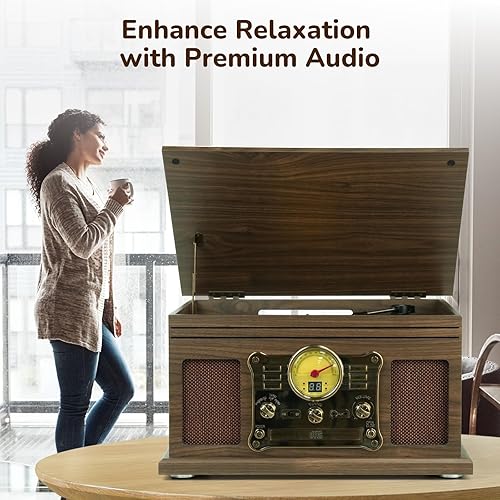 Miniatura 8 de FEKTIK - Tocadiscos Bluetooth 10 en 1, tocadiscos de 3 velocidades para vinilo con altavoces, convertidor LP a MP3, CD, reproductor de cassette,