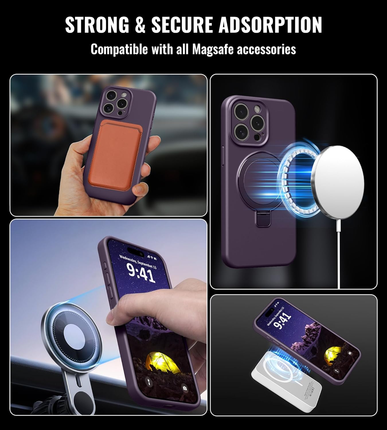 Compatible with iPhone 14 Pro Max Case Stand, Slim Full Camera Protection Liquid Silicone Phone Case Suitable for iPhone 14 Pro Max Compatible with MagSafe Ring Magnetic Kickstand, Purple
