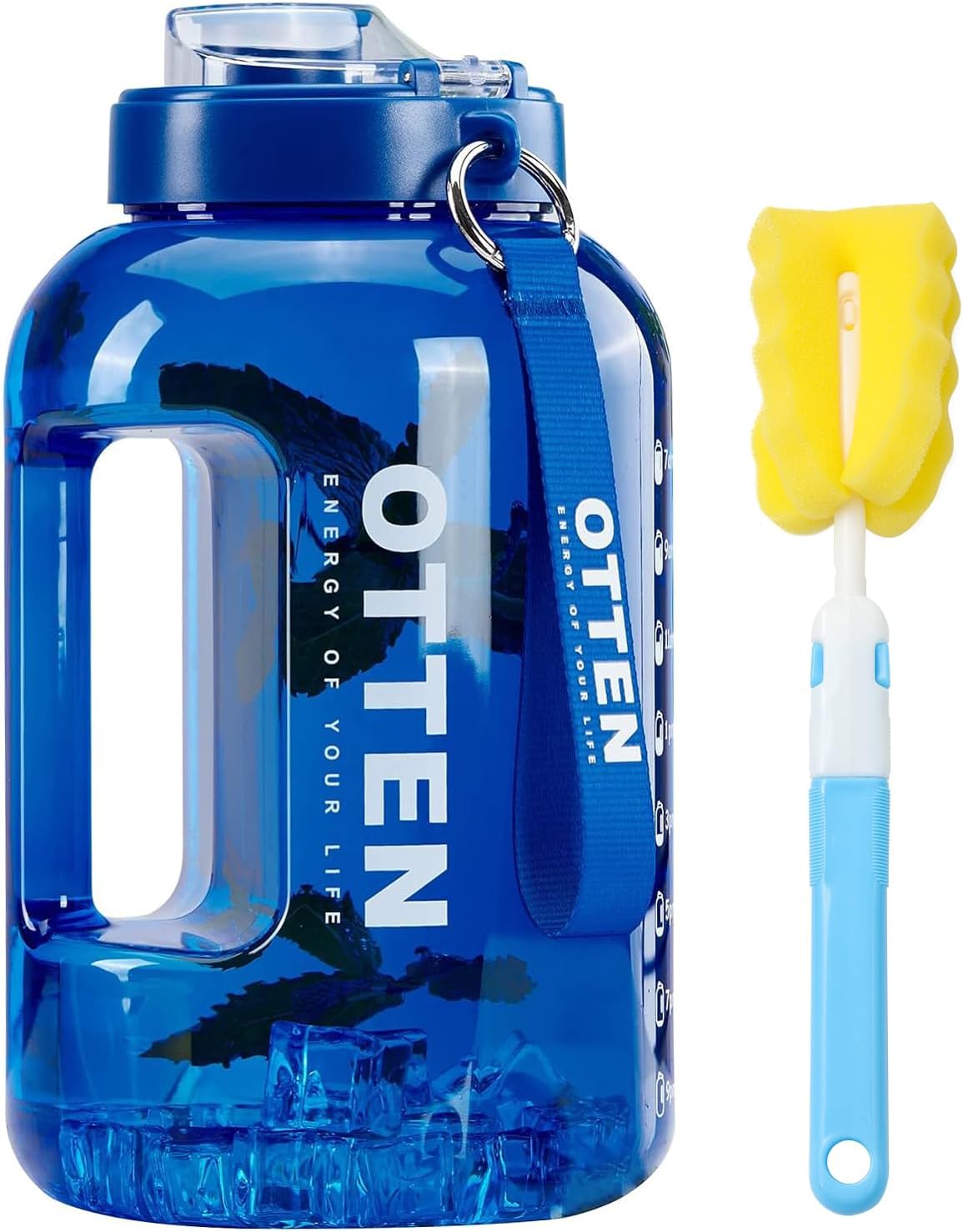 OTTEN Gallon Water Bottle with Time Marker - Water Bottles with Bottle Brush, Reusable Tritan Gym Water Bottle with Handle, BPA Free Leak Proof Water Jug (Blue, 128 Ounces)