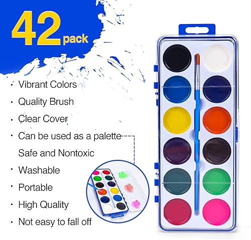 Miniatura 2 de Juego de 42 pinturas de acuarela para niños, 12 colores de acuarelas con pincel, juego de pintura de acuarela para niños para recuerdos de fiesta,