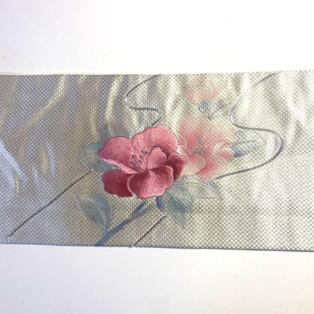 Amazon.co.jp: 名古屋帯 絹 蘇州刺繍 駒刺繍 銀色 ピンク 緑 花