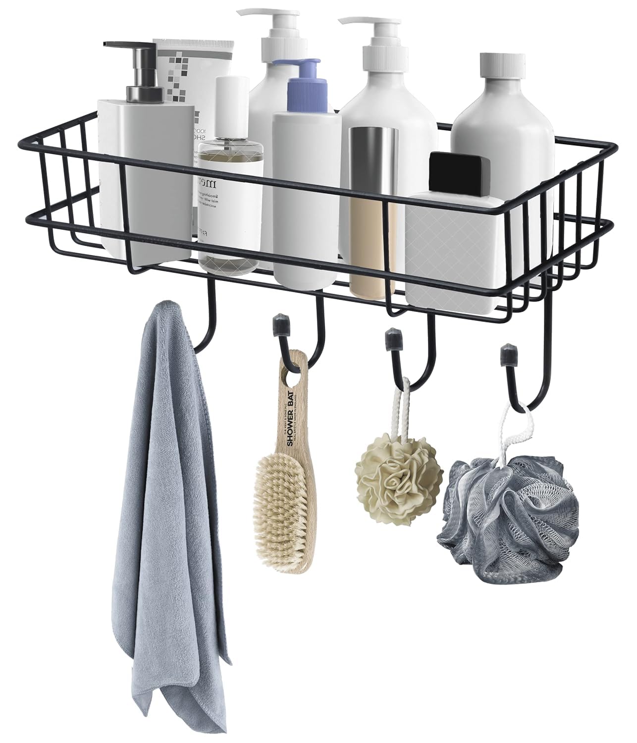 Bathroom Rack - Bathroom Shelves - Kitchen Storage – Multipurpose Rack and Shampoo Holder with 4 Hook - Adhesive Shower Caddy Metal Shelf Without Drilling (Black)-image-8