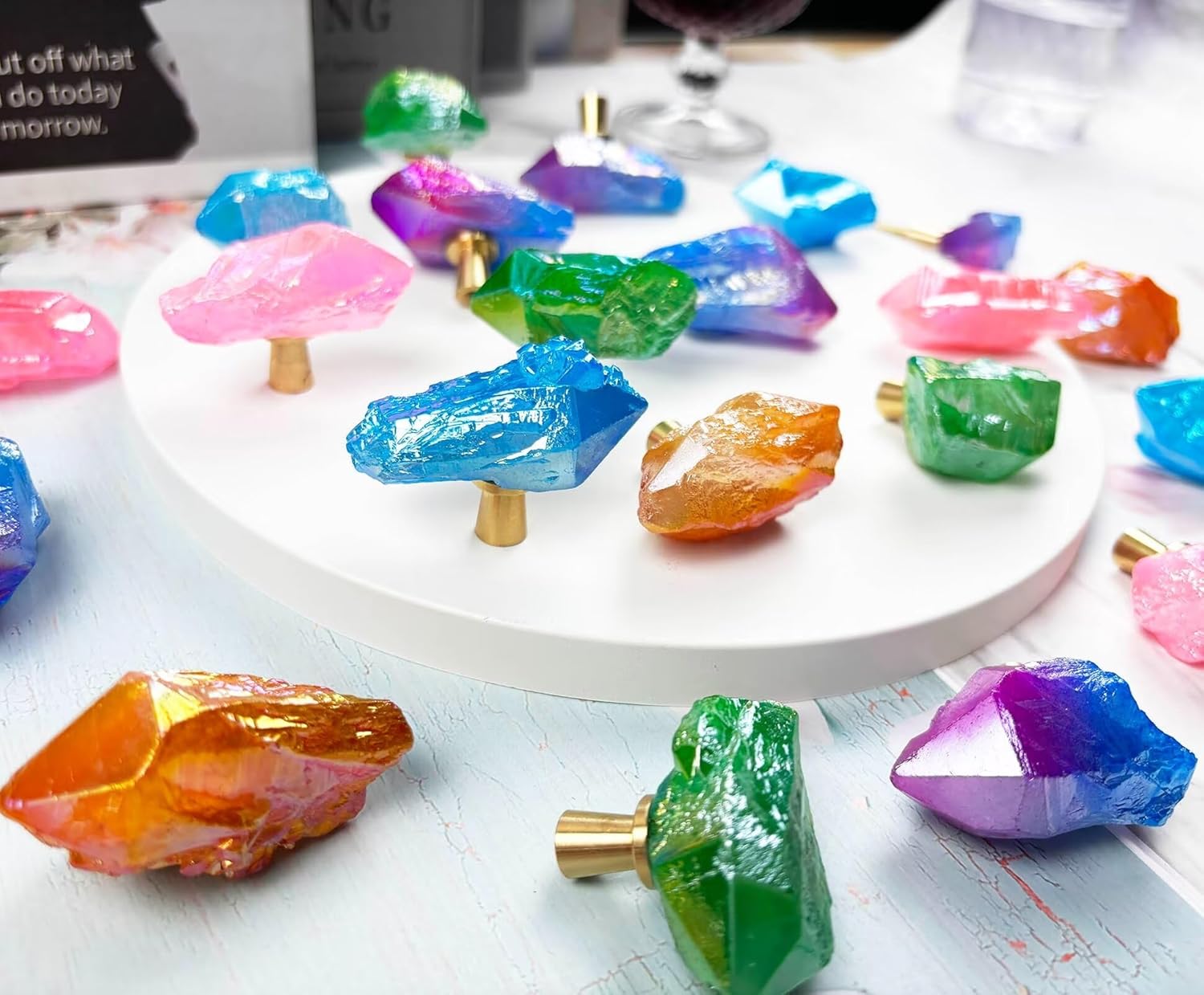 Natural Crystal Stone Cabinet Knobs Decorative Drawer Knobs Handles Gemstone Cupboard Pulls for Home Office Decor Coated Mixed Color 4 Pack