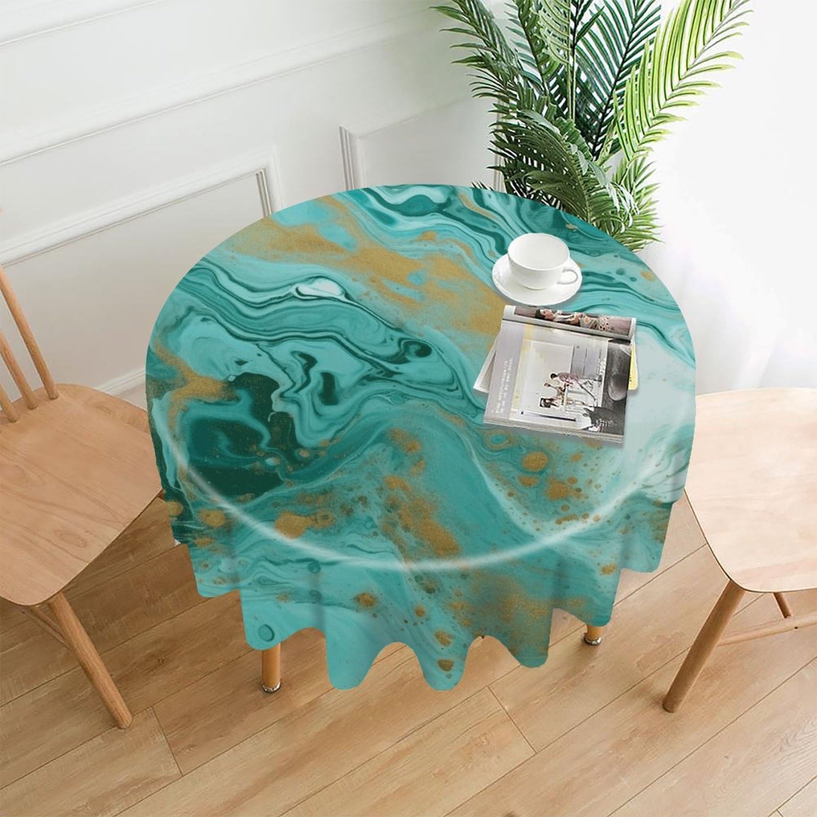 LZQPOEAS Teal and Gold Marble Tablecloth Decorative Round Table Cloth Wrinkle Resistant Round Tablecloth Washable Circle Table Cover for Kitchen Dining Party Wedding Camping 60 Inch