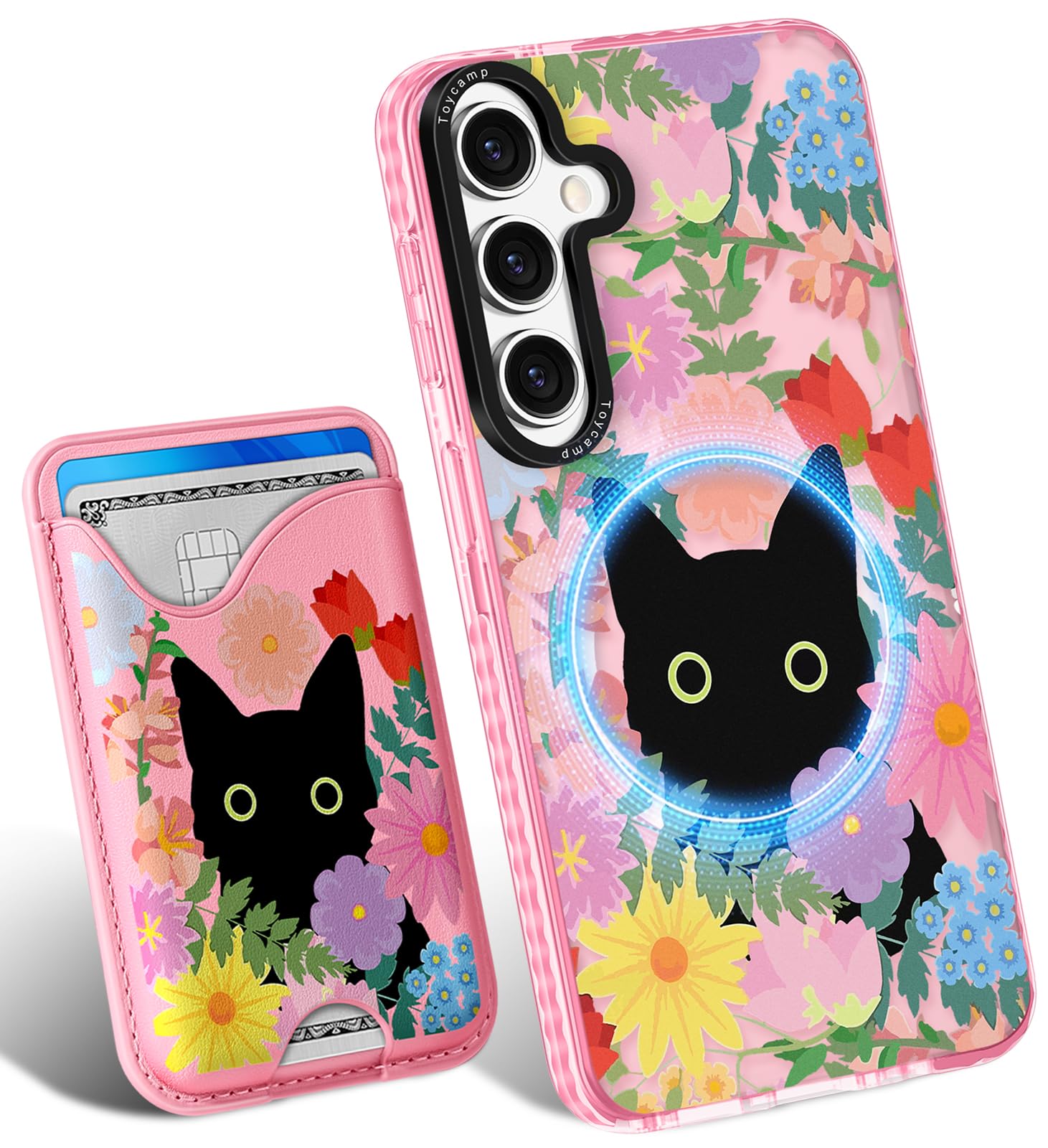Toycamp for Samsung Galaxy S25 Case - Compatible with Magsafe Credit Card Holder Wallet Magnetic Cute Women Teen Girls Kawaii Girly Unique Cat Flower