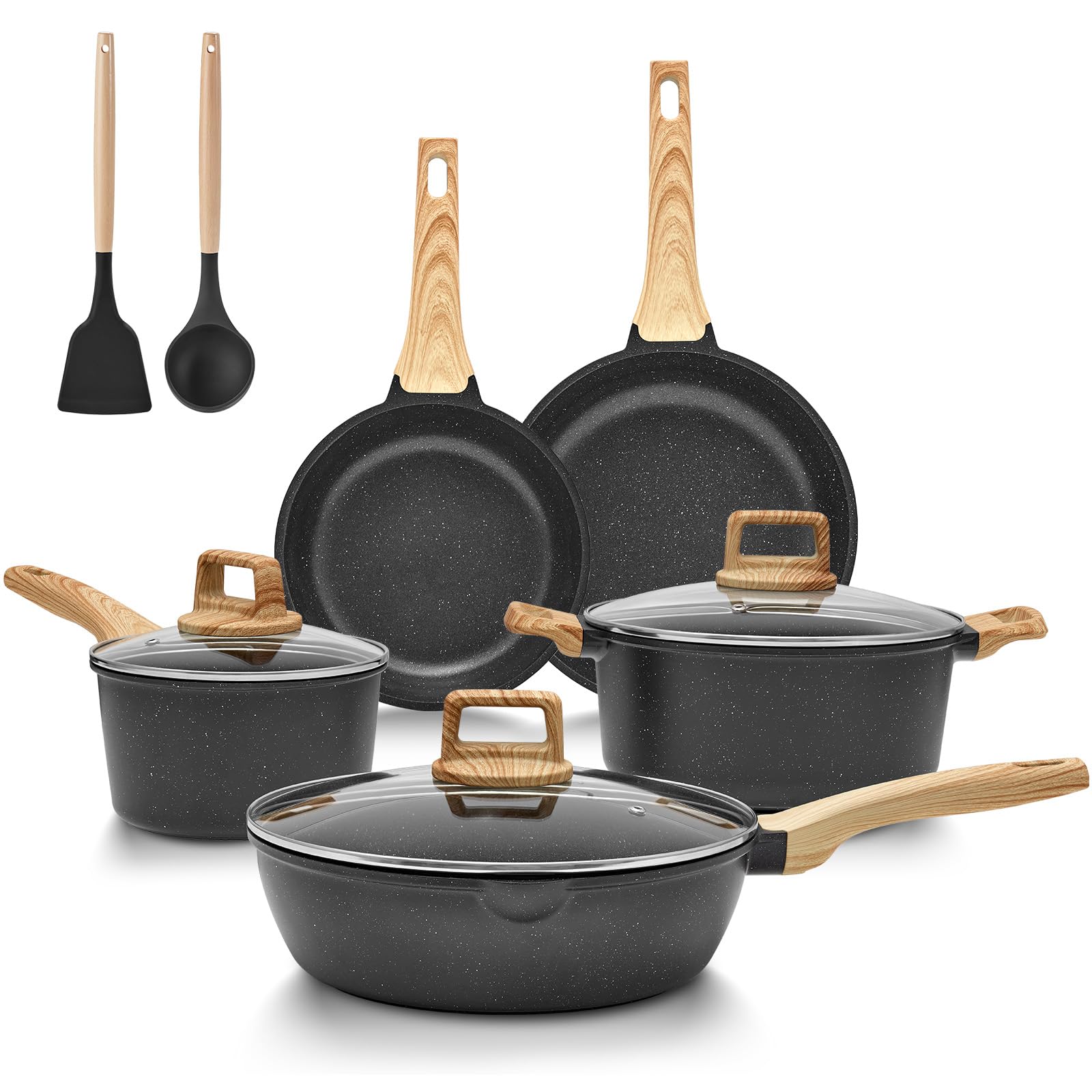 BLAZANT Juego de ollas de inducción, 10 piezas de granito, juego de sartenes antiadherentes con tapa, ollas y sartenes de aluminio para todo tipo de cocinas, sin PFAS