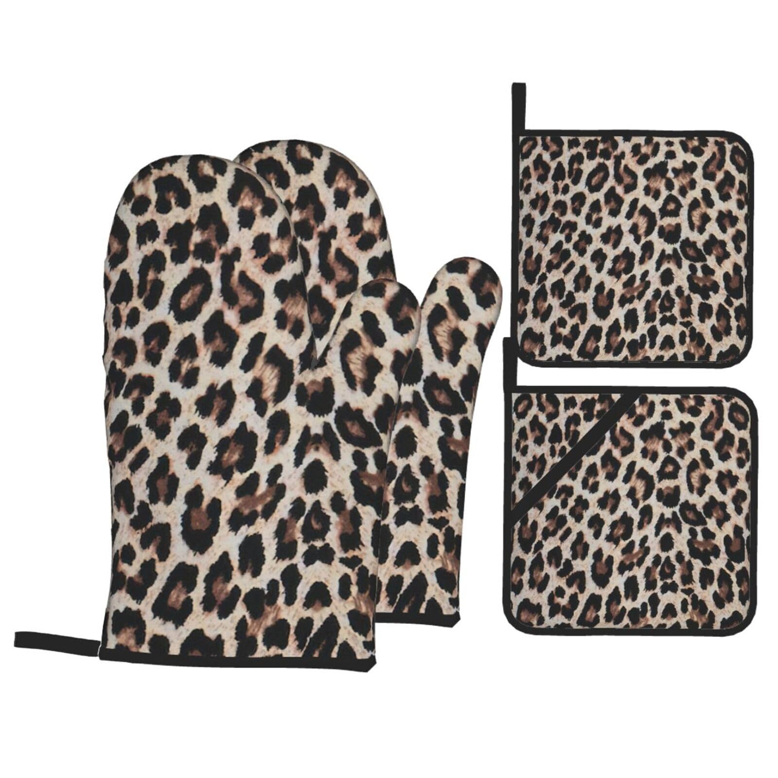 Nimongt Black Leopard Print Print Print Heat-Resistant 4-Piece Oven Kitchen Gloves For Baking Cooking Microwaving Essentials