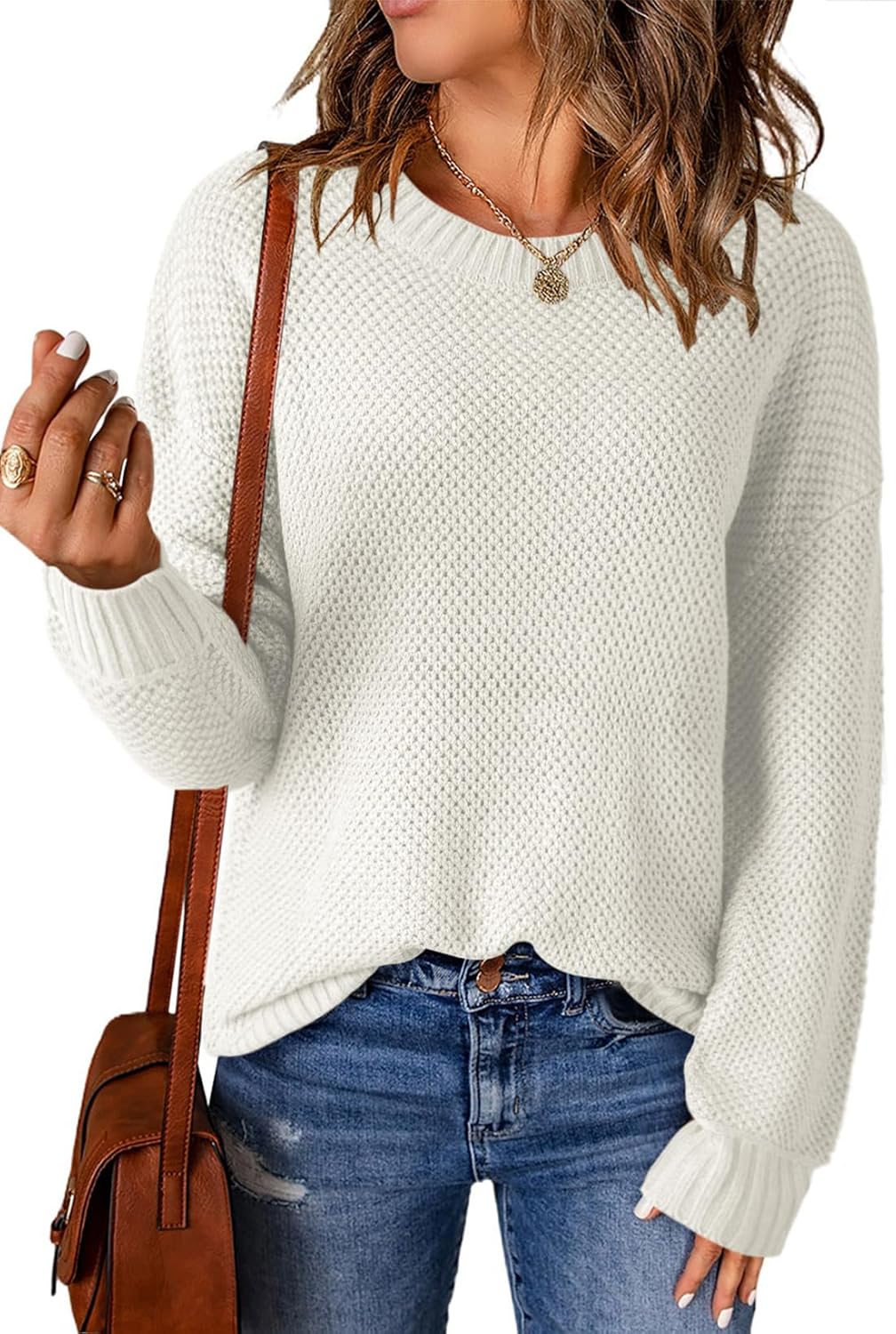 Dokotoo Womens Sweaters Crewneck Ribbed Knit Waffle Pullover Sweaters 2025 Fall Winter Fashion Clothes