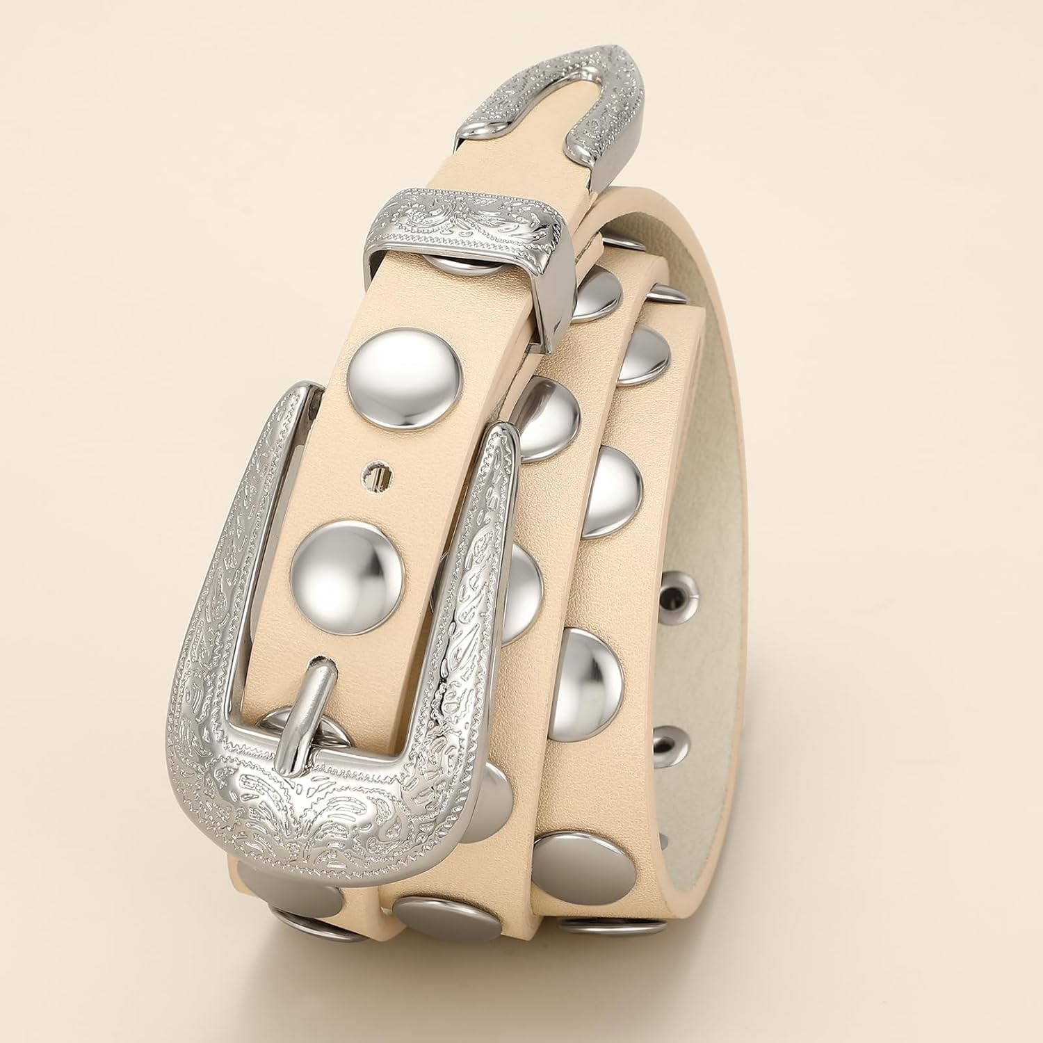 SANSTHS Women Western Studded Belt for Jeans Fashion Thin Leather Belt Vintage Skinny Ladies Belts for Dresses - Image 2