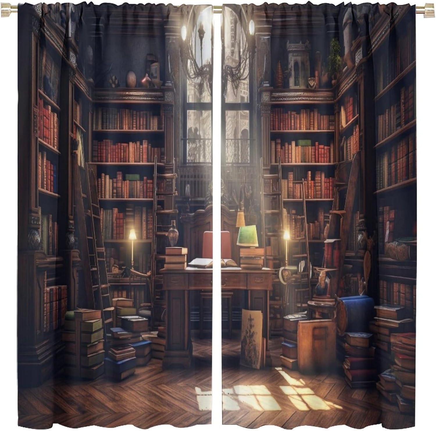 Bookshelf Blackout Curtains, Retro Books Library Bookcase Pattern Window Rod Pocket Thermal Insulated Curtain for Bedroom Living Room Home Office Home Decor Drapes 42x45in