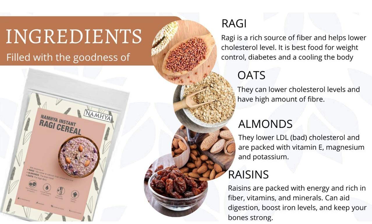 Namhya - Ragi Instant Breakfast Cereal - 300g (Pack of 1) - Boosts Energy, Aids Digestion, Rich in Calcium - Ragi, Almonds, Raisins - 100% Natural, No Preservatives - For Bone & Gut Health - Image 3 thumbnail
