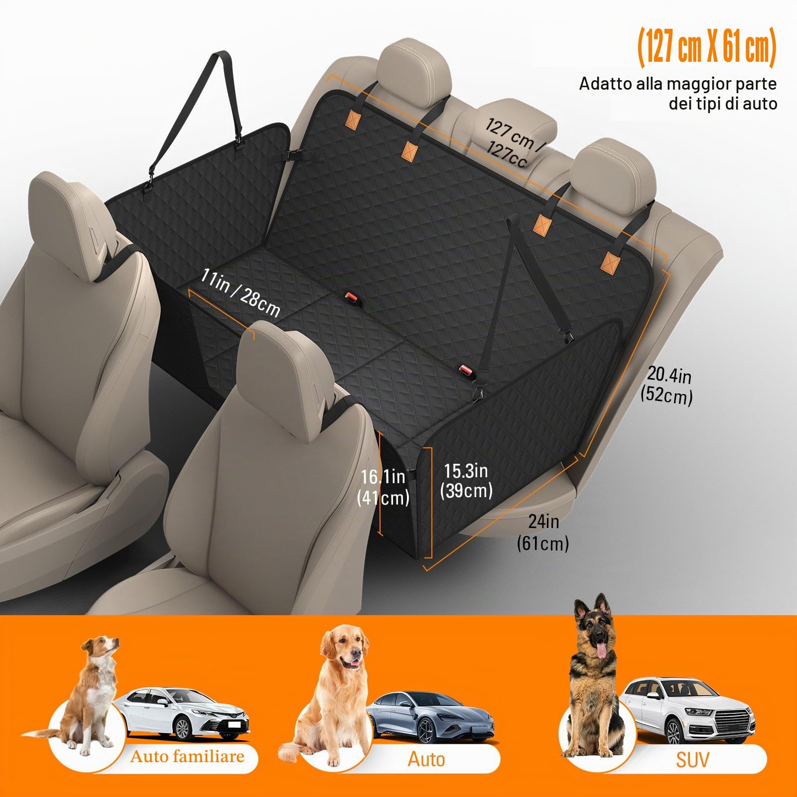 Telo Auto Per Cani Con Fondo Rigido, Coprisedile Auto Per Cani Impermeabile E Antigraffio, Removibile E Lavabile, Telo Cane Auto Sedili Posteriori Adatto Per Berline Familiari, SUV (Nero)