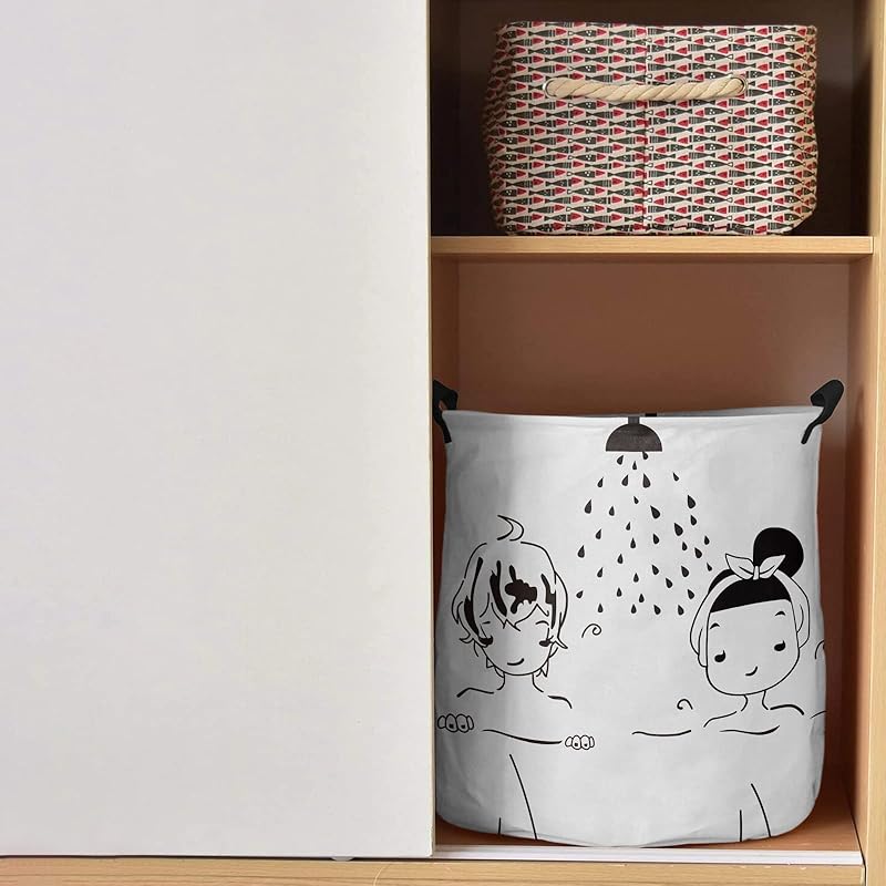 ホーム キッチン 送料 加工料込 ランドリーバスケット 折りたたみ 洗濯カゴ ランドリー収納 大容量 54l 撥水加工 取っ手付きランドリーバッグ オックスフォード布製 雑貨ランドリーボックス おしゃれ収納袋 洗濯物用かご シャワー 爽やか イラスト 白い 直径35cm 高さ