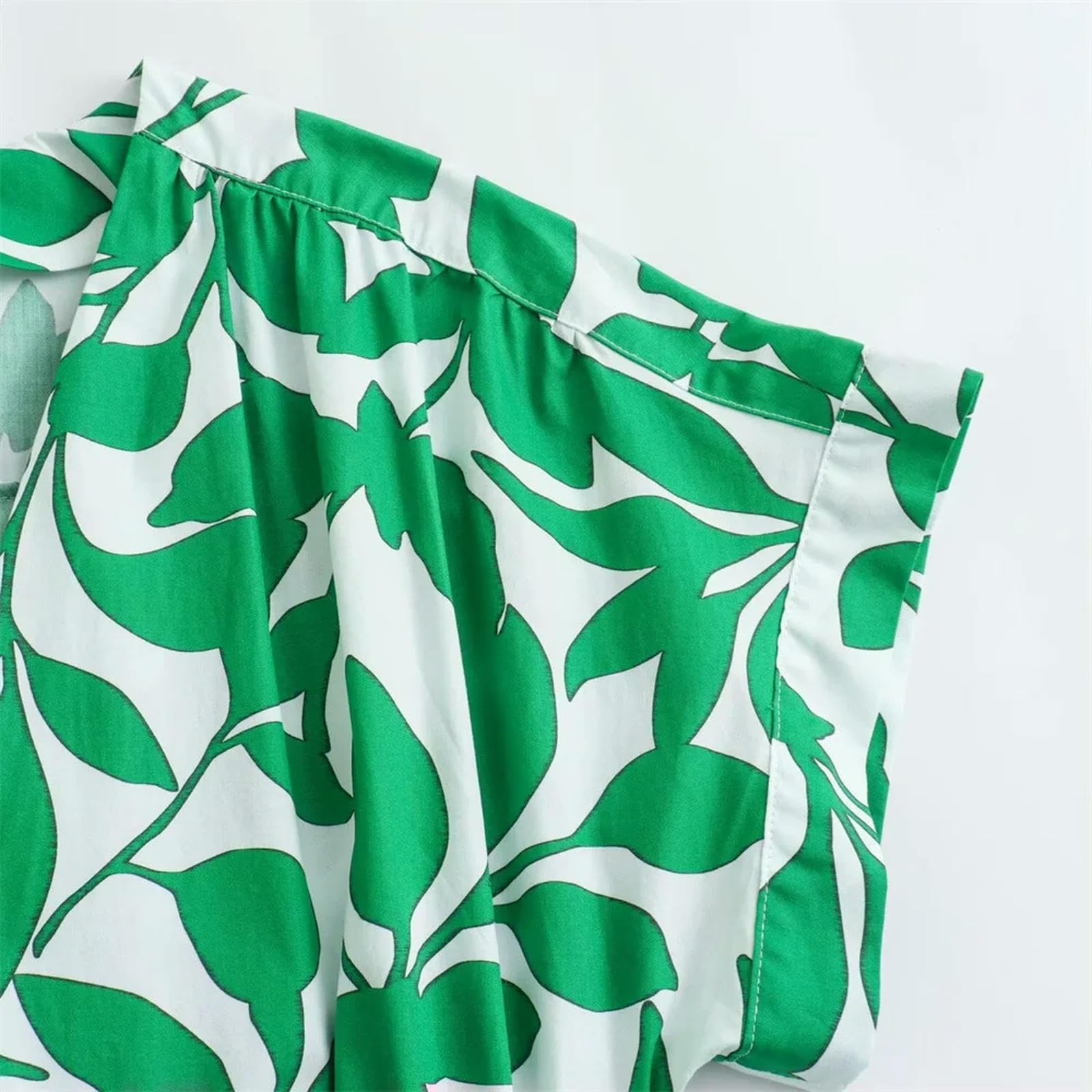 Primavera/Verano Nuevas Mujeres con Cuello en V Manga Corta Botón Decoración con Cinturón, Vestido Largo, Vestido Estampado-Verde-M