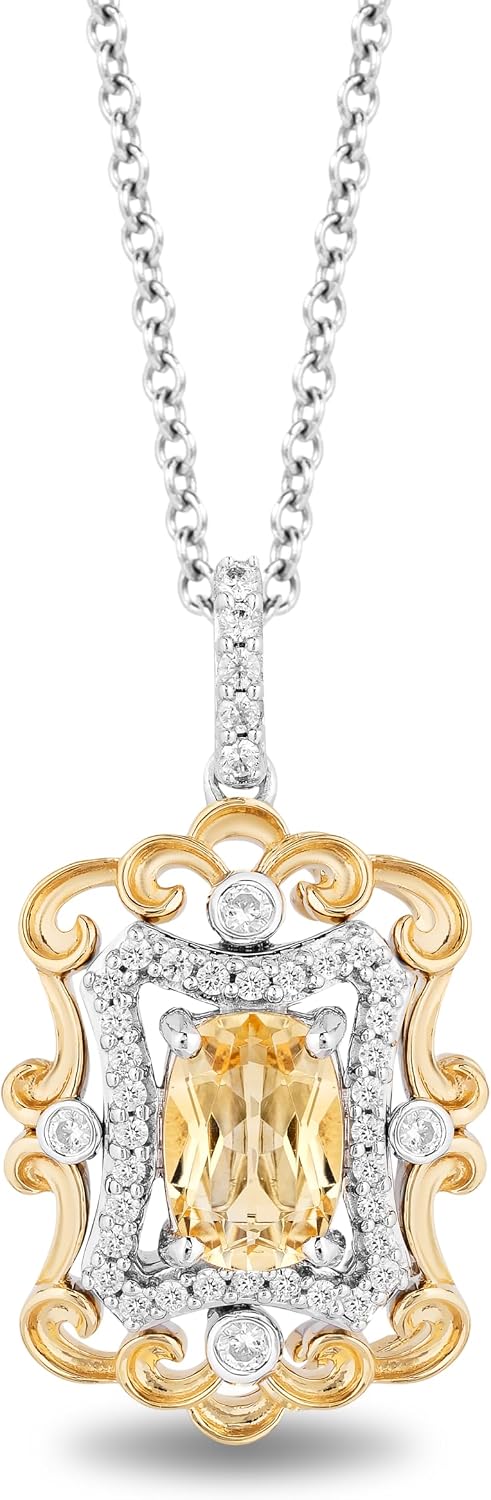Jewelili Enchanted Disney Fine Jewelry Sterling Silver and 14K Yellow Gold with 1/5 CTTW Diamond and Citrine Belle Pendant Necklace