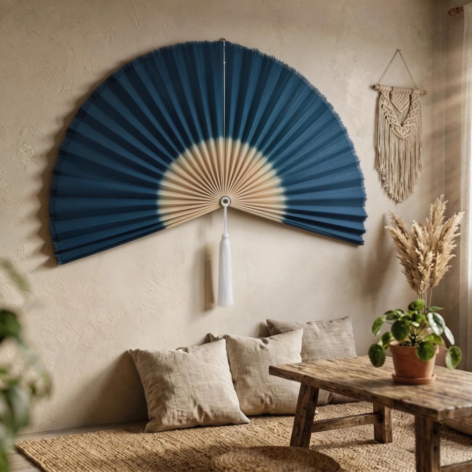 Abanico de Pared de bambú Tejido a Mano, Estilo Bohemio, con Borla. (19Inchx39Inch)