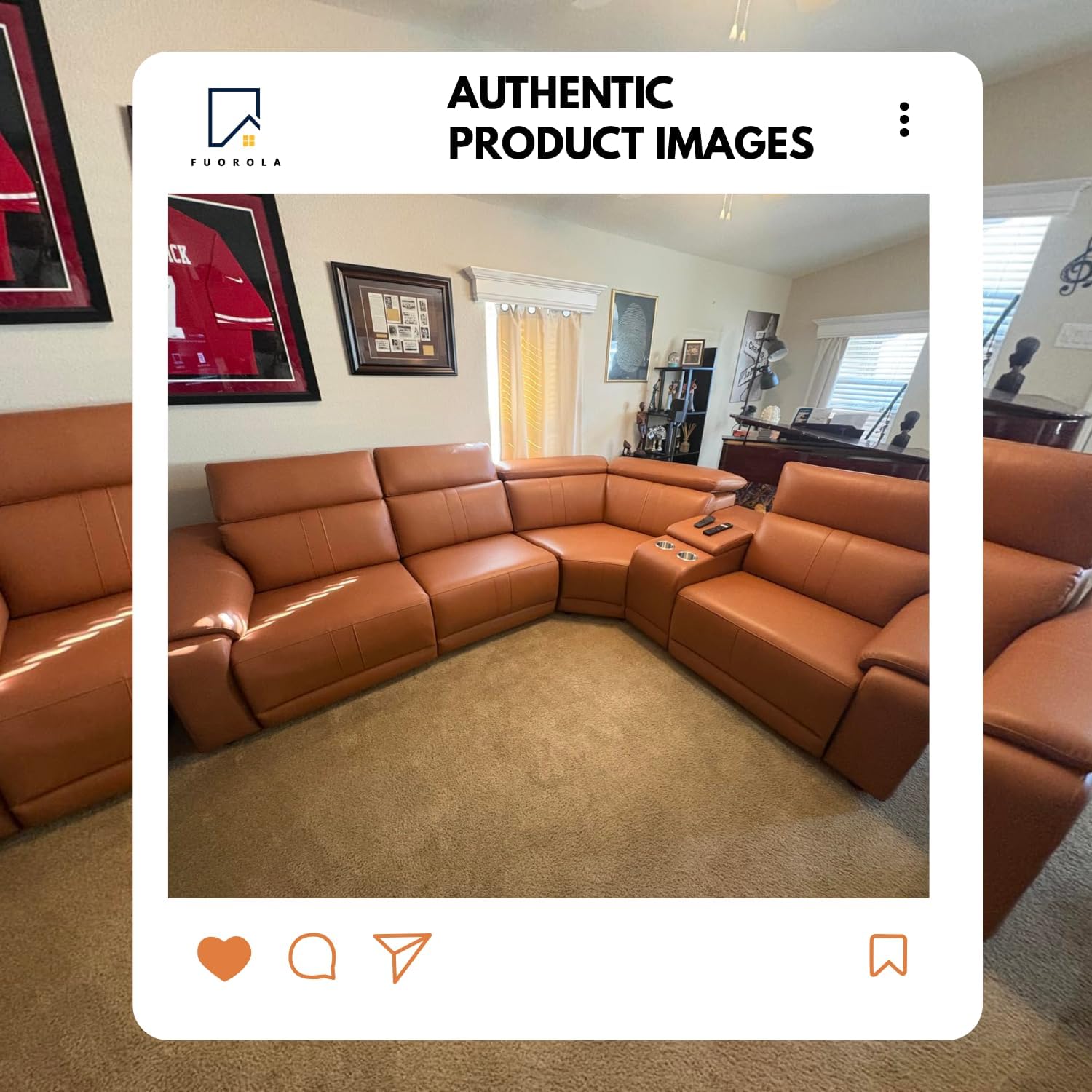 Breathing Leather Recliner Sectional Sofa, Reclining Sectional Couch with Adjustable Headrest&Storage Console, L Shaped Couch with Dual Recliner for Living Room (Light Brown)