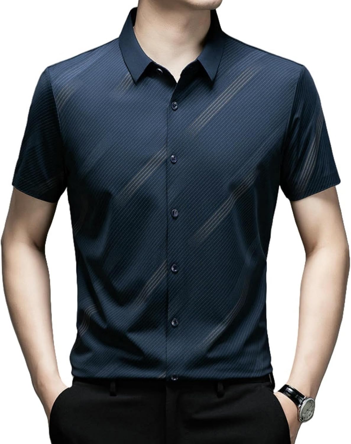 Men's Summer Business Casual Seamless Ice Silk Striped Print Short Sleeve Shirt